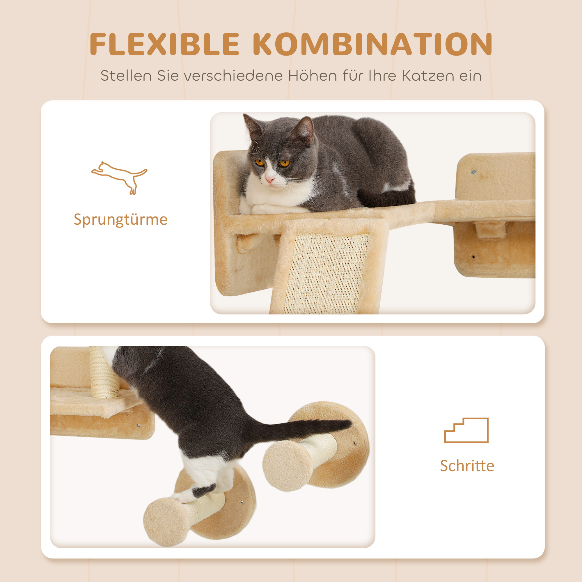 Katzen Kletterwand Set mit Kratzpfosten, Sprungplattformen und Spielbällen, zum Klettern und Ausruhen, Beige