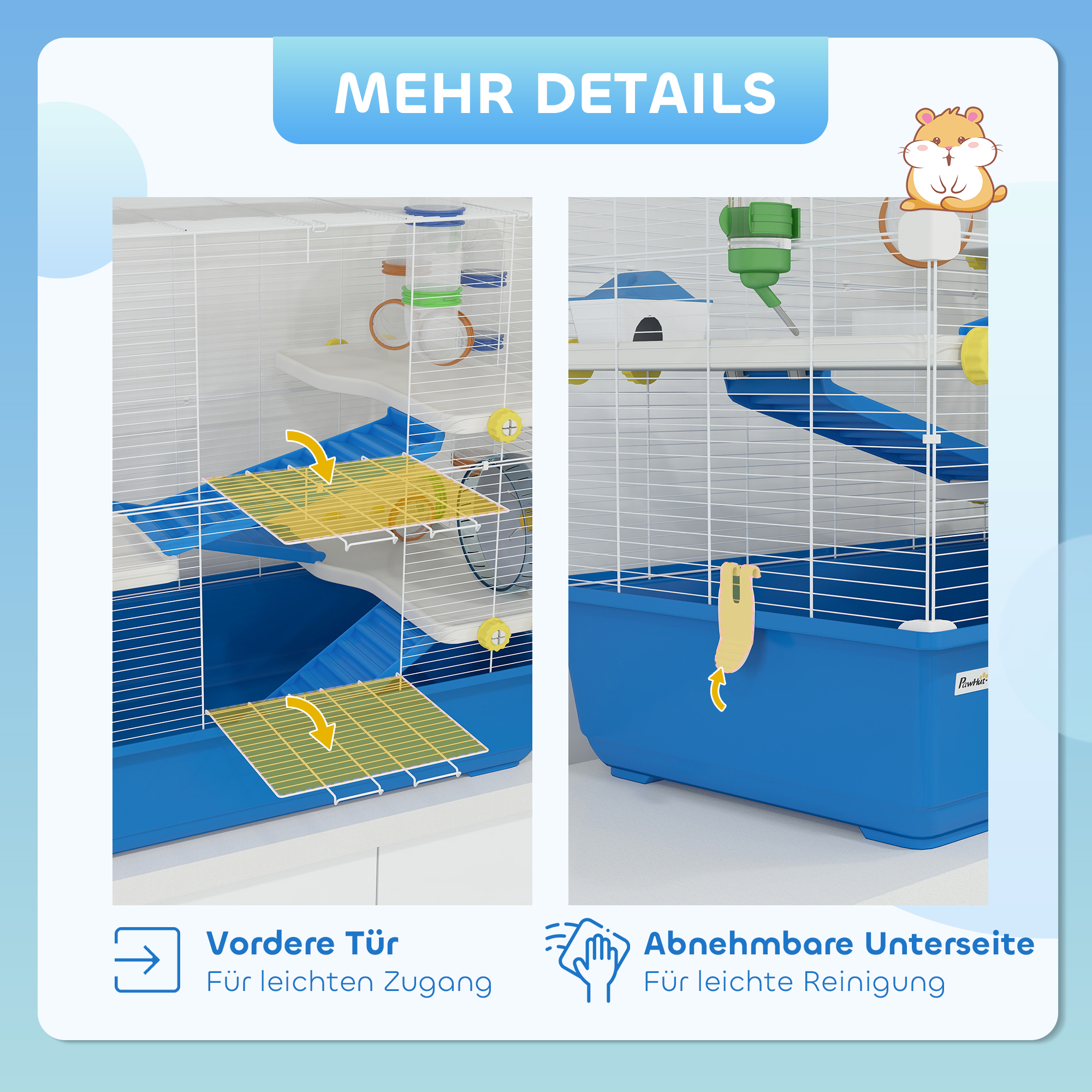 Hamsterkäfig mit 4 Ebenen, Kleintierkäfig mit Tunnelsystem, Hütte, Laufrad, für Zwerghamster, 78 x 45 x 73 cm, Blau