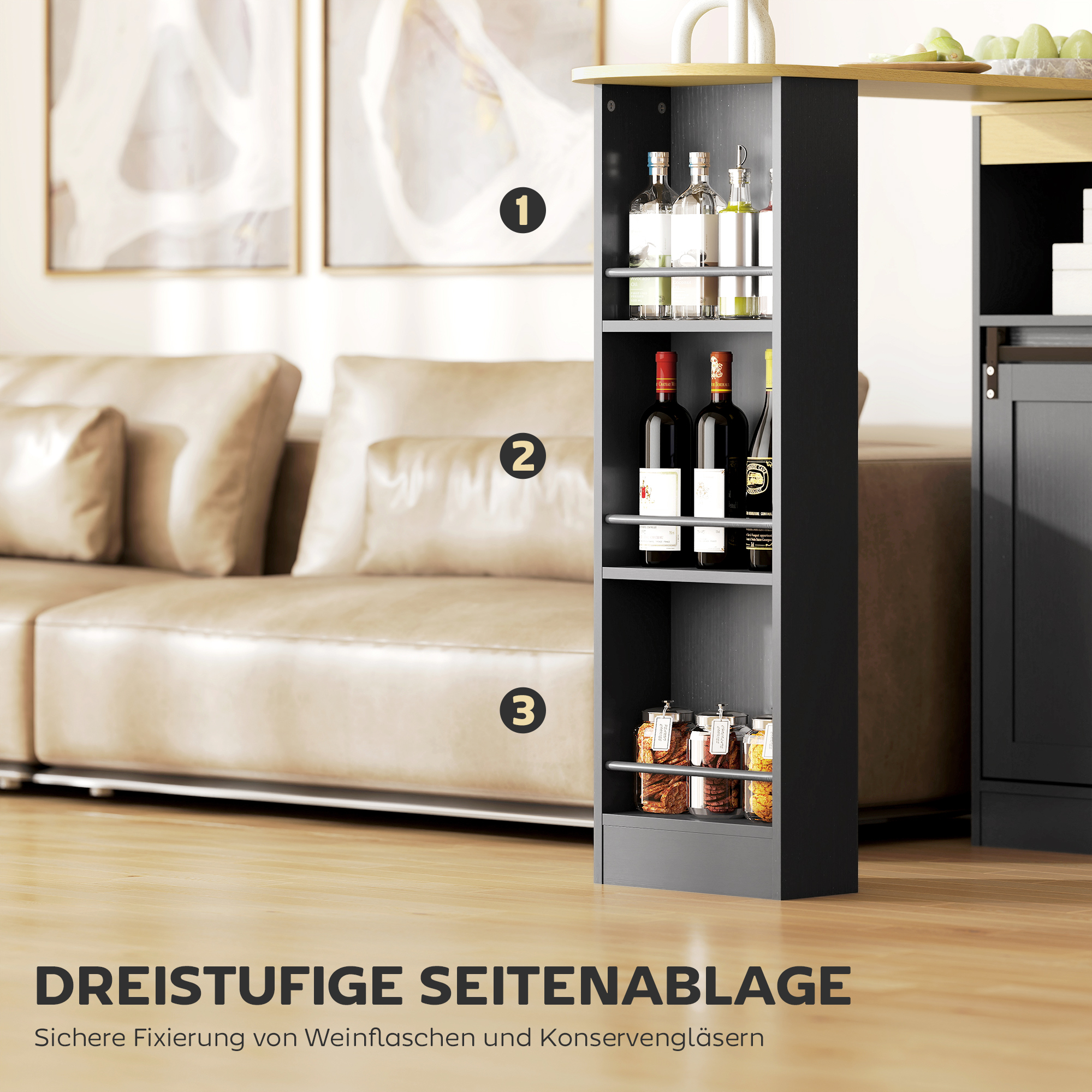 Ausziehbarer Bartisch, zu L-Form umwandelbar, viel Stauraum, 3 verstellbare Regale, Spanplatte, MDF, Schwarz