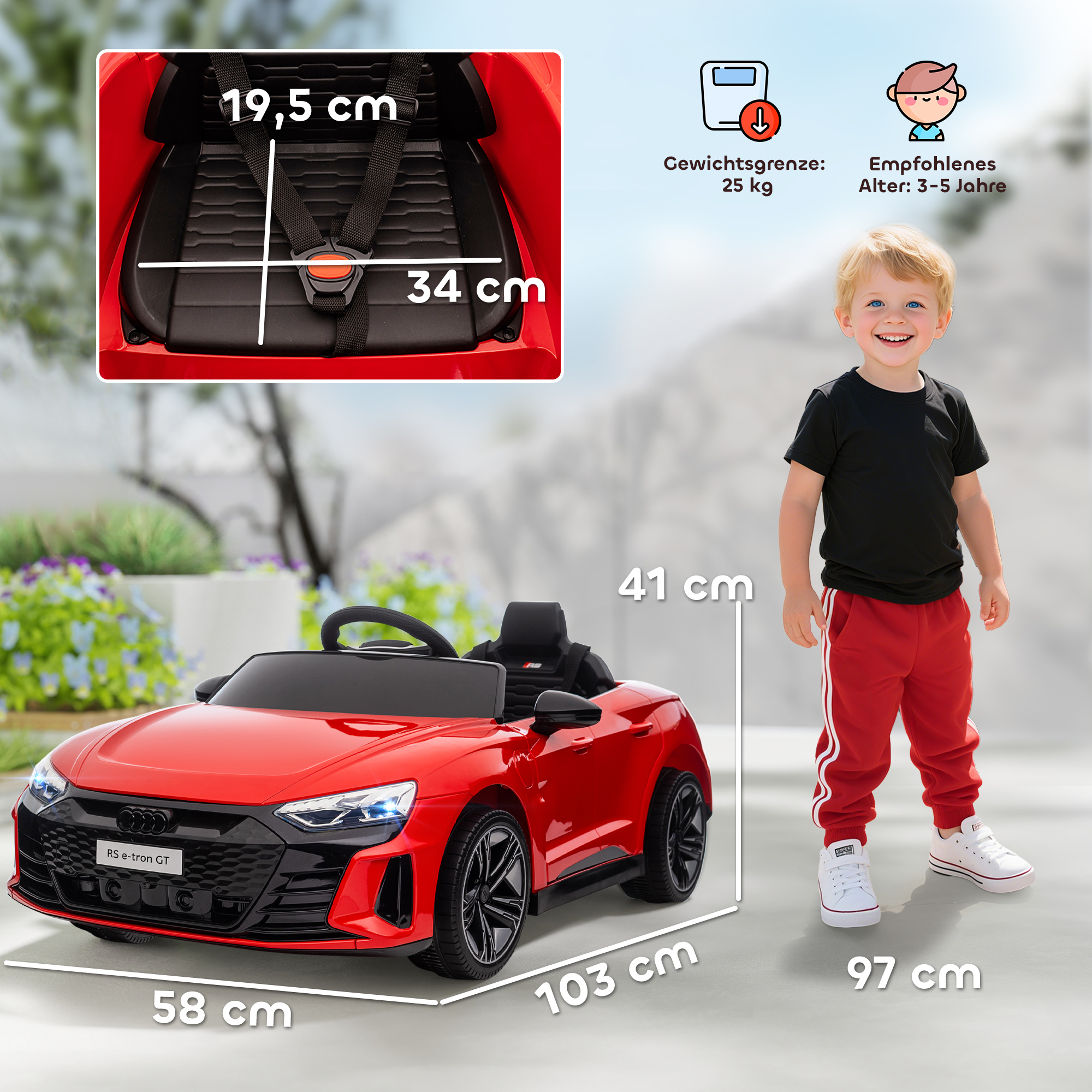 Kinderfahrzeug Audi lizenziert, mit Sicherheitsgurt, Fernbedienung, Licht, rot+schwarz, 103 x 58 x 41cm