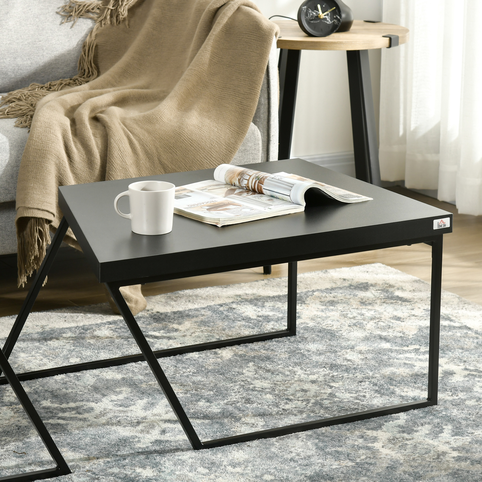 Couchtisch-Set, 2 Beistelltische, Industrial Design, Stahlrahmen, Holz/Schwarz