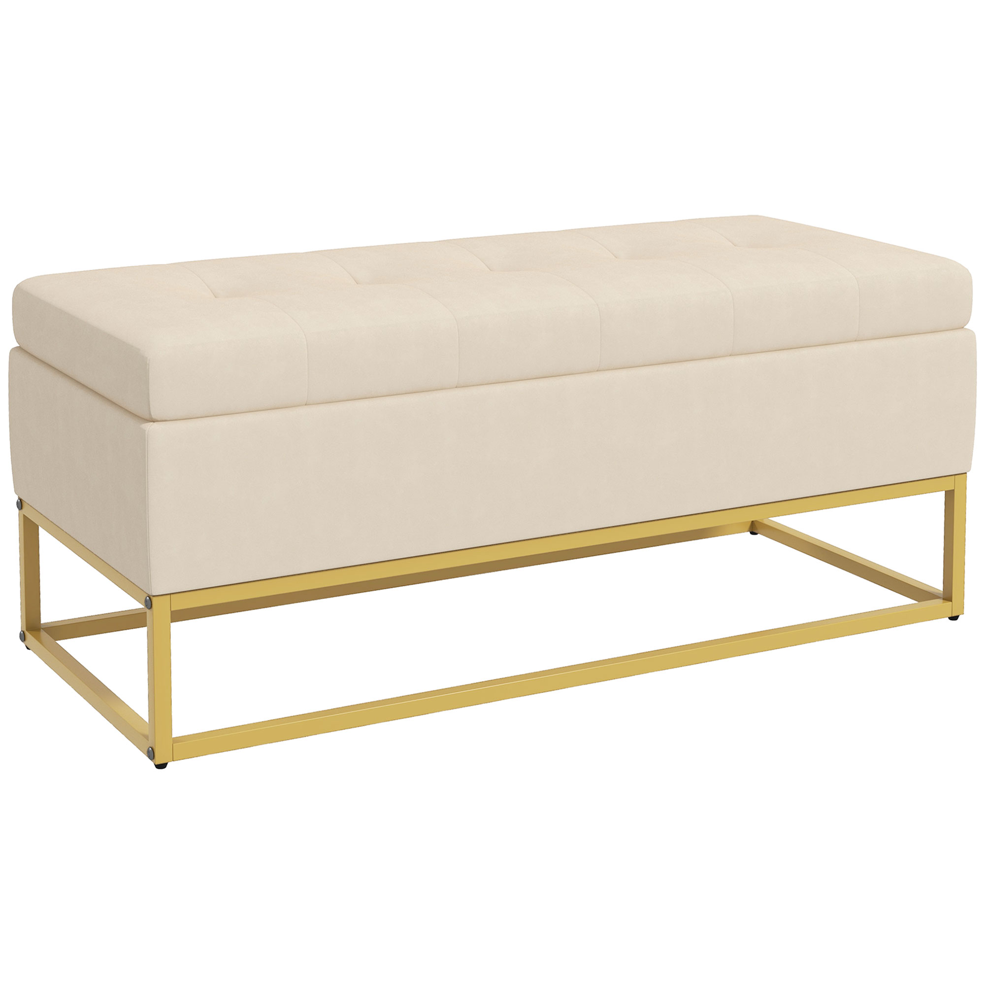 Sitzbank mit Stauraum, dekorative Knopfheftung, Flanelloptik, goldfarbene Stahlbeine, 110 x 47 x 46,5 cm Sitzbank mit Stauraum, dekorative Knopfheftung, Flanelloptik, goldfarbene Stahlbeine, 110 x 47 x 46,5 cm
