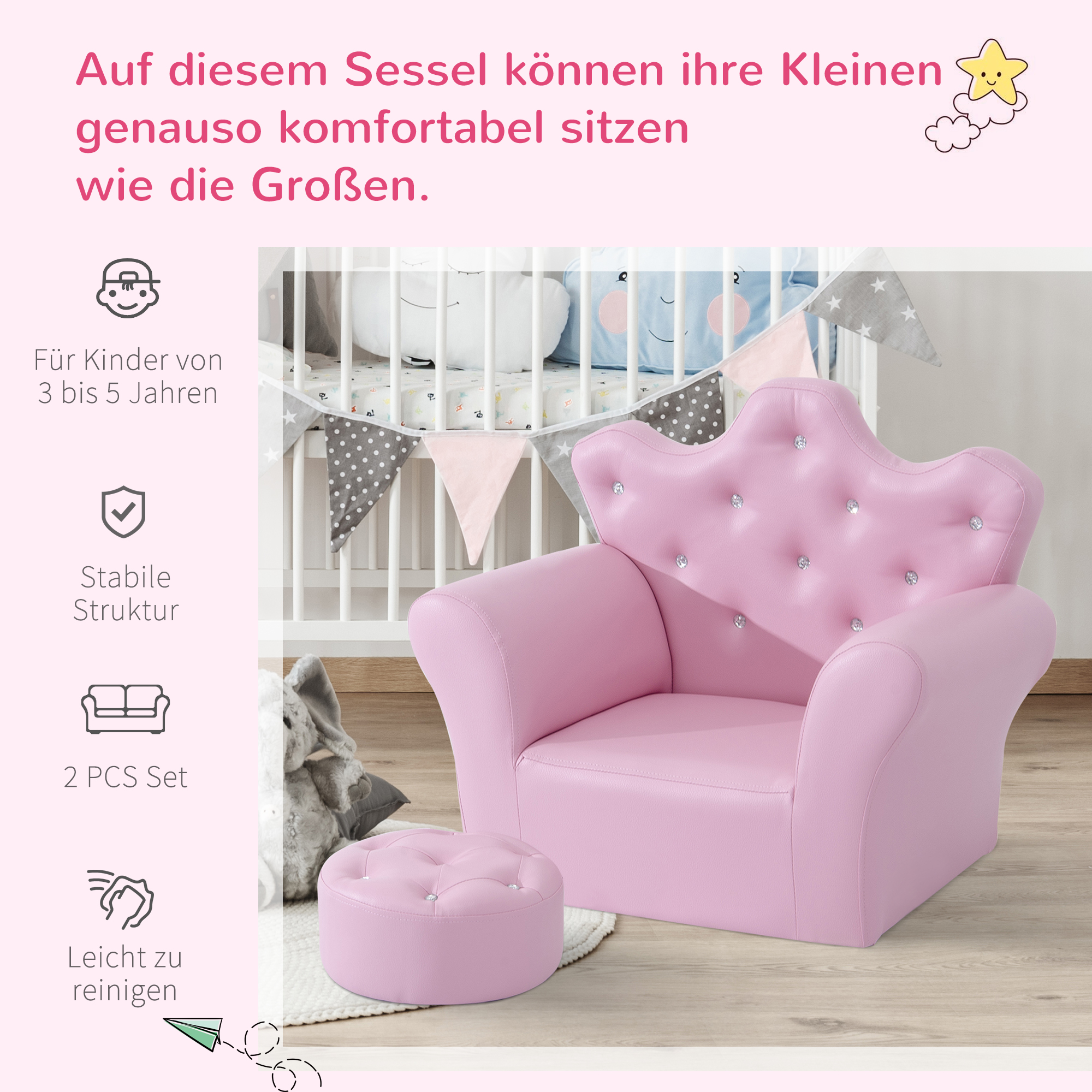 Spielsofa für Kinder, Kindersofa mit Ottomane, Kindercouch Prinzessinnen Spielsofa Kindercouch Mini Couch für Kuschelecke, Kinderzimmer, Spielzimmer, Schlafzimmer, Rosa