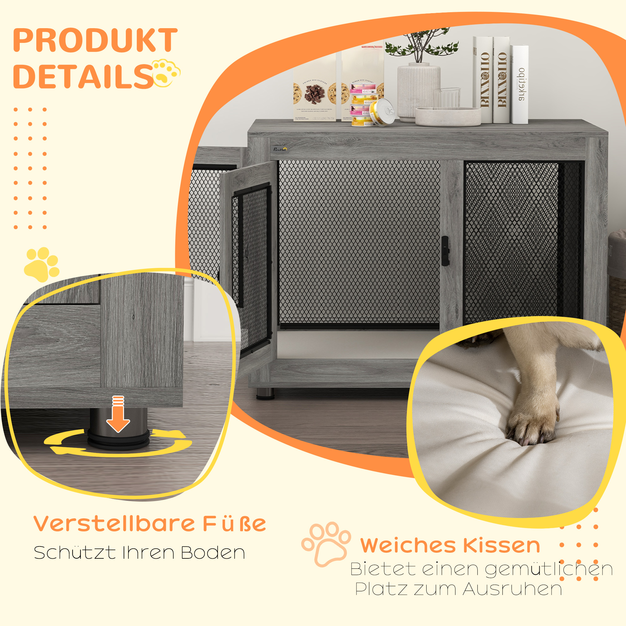 Hundebox, Welpenbox, mit Ablagefläche, wasserabweisendes Kissen, Stahlgitter, verstellbare Füße, 94x60x71,5 cm