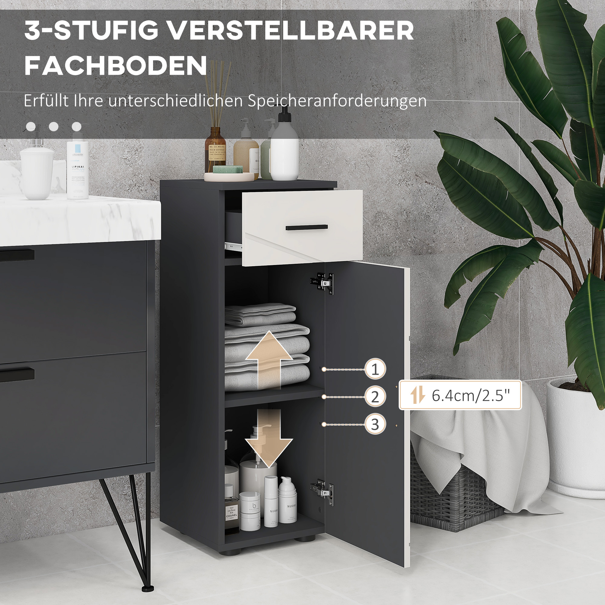 Badezimmerschrank, Badkommode, verstellbare Regale, bis zu 25 kg belastbar, Grau