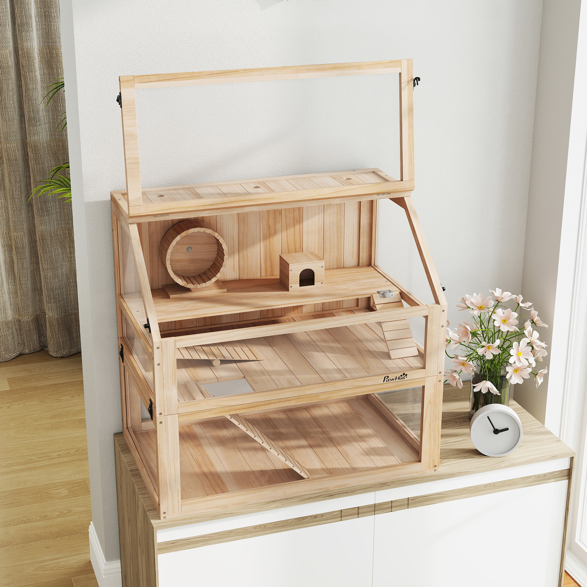 Hamsterkäfig aus Holz 3 Etagen Nagarium Nagerkäfig mit klappbarem Deckel Laufrad 80 x 50 x 76 cm Naturholz