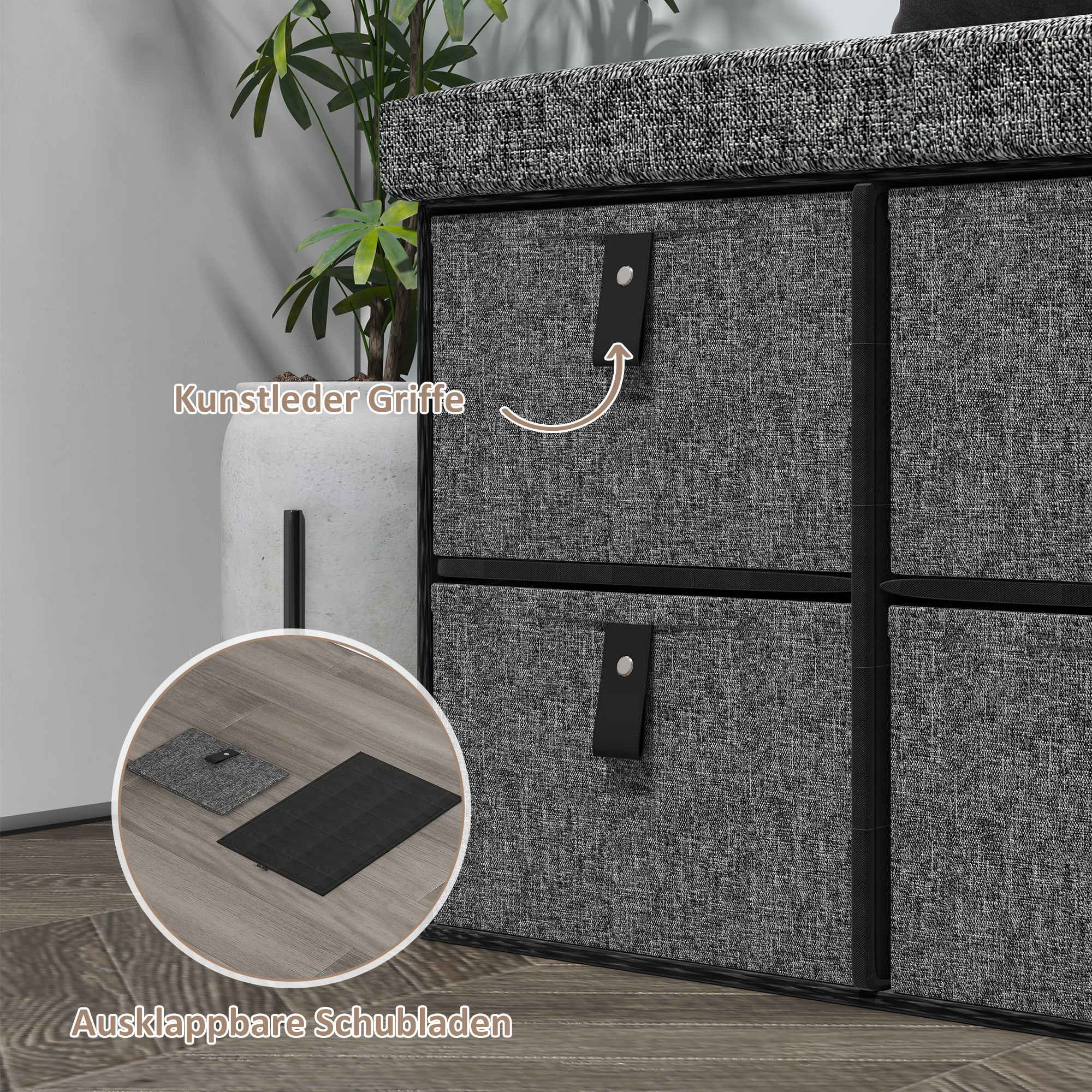 Gepolsterte Schuhbank, 6 Schuhfächer, MDF-Rahmen, Leinenoptik, Grau