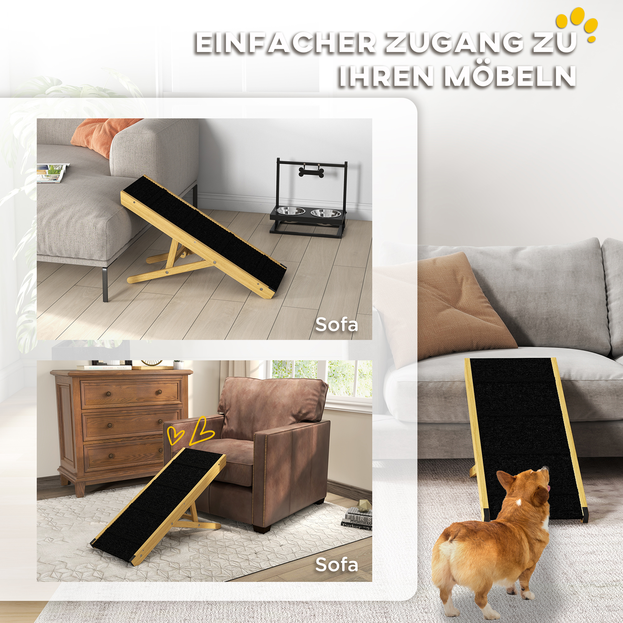 Haustierrampe, verstellbar, 4-stufig, rutschfest, Kiefernholz, faltbar, für Hunde bis 15 kg