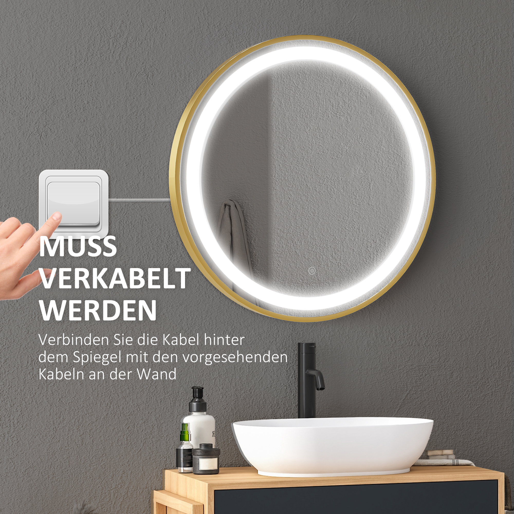 Runder Spiegel mit LED-Beleuchtung, Uhrzeitanzeige, Memoryfunktion, Gold + Silber
