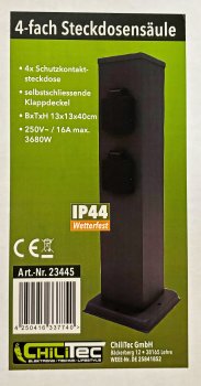Steckdosensäule 4-fach, IP44, Anthrazit, 250V~/ 16A, 13x13x40cm