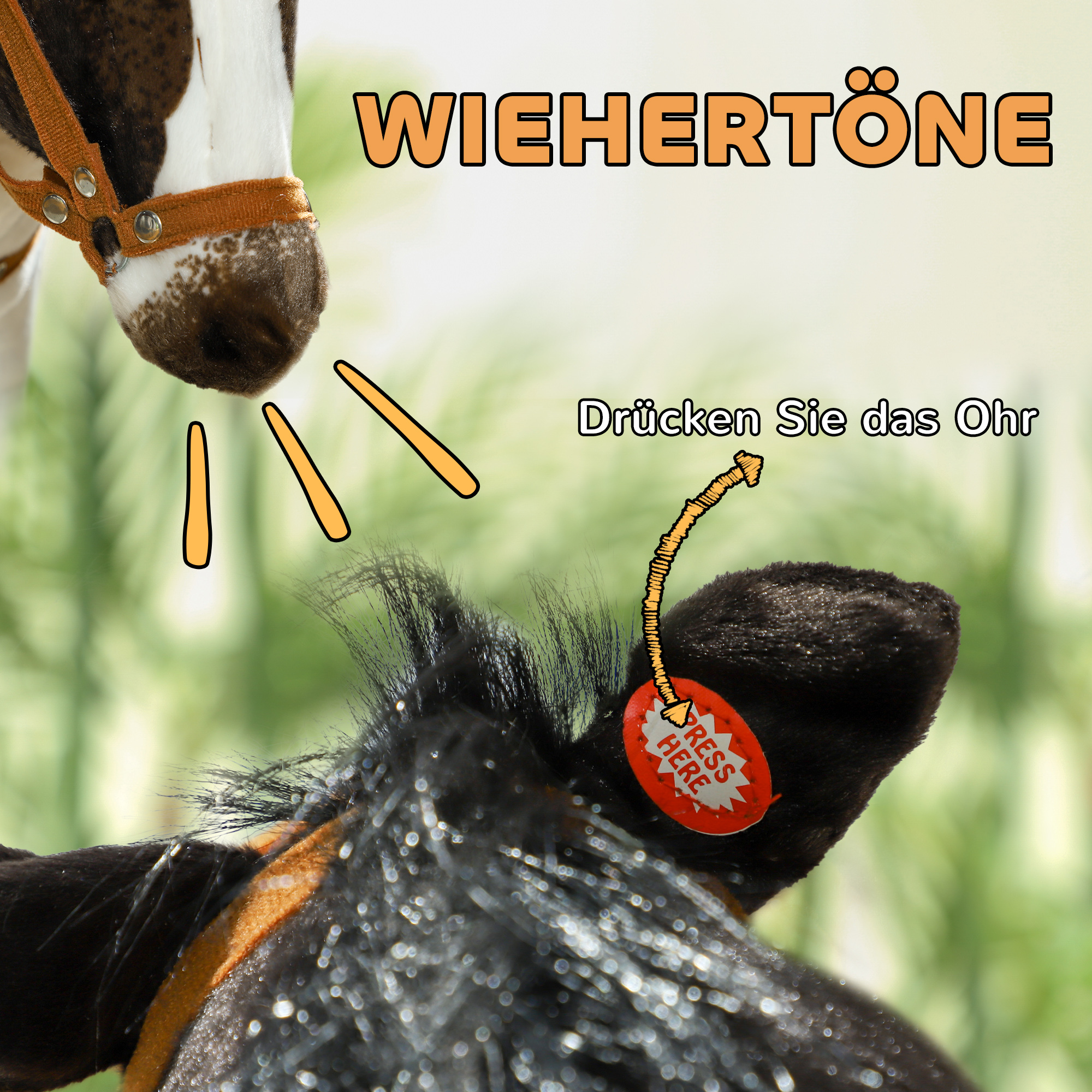 Schaukelpferd mit Soundeffekten, weiches Fell, für 3-8 Jahre, 85 x 28 x 60 cm, Braun/Cremeweiß