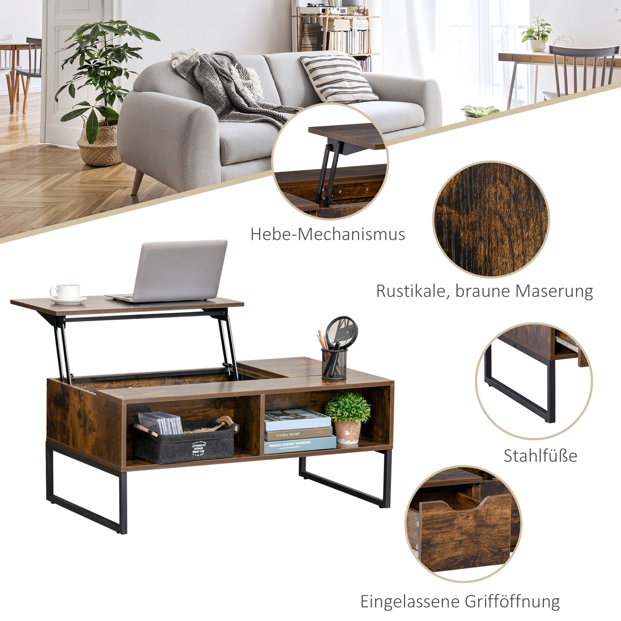 Couchtisch Wohnzimmertisch Kaffeetisch mit Höhenverstellbarer Platte Spanplatte Braun 100 x 60 x 44 cm