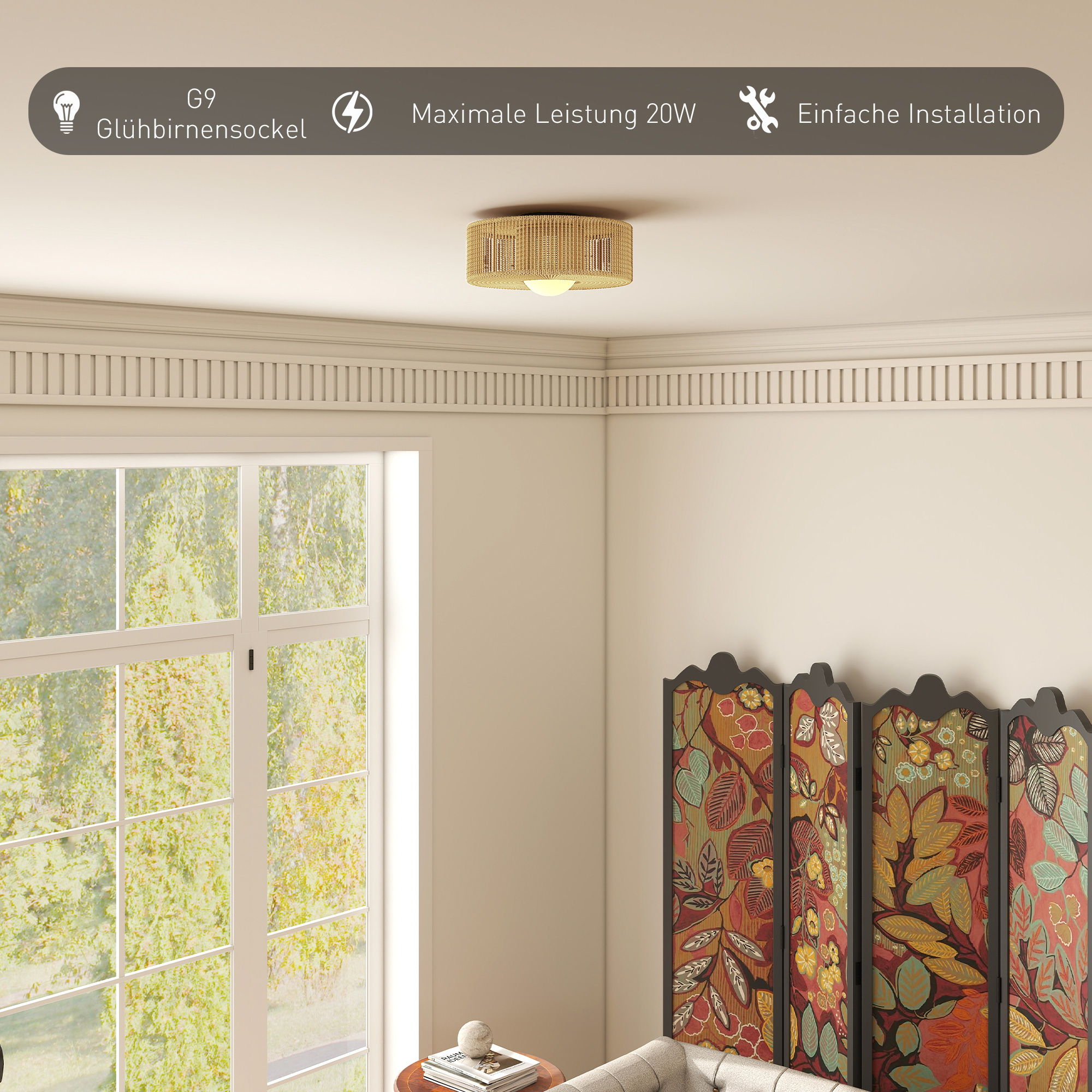 Deckenleuchte, Boho-Deckenlampe Hängend mit G9 LED Fassung, Lampenschirm aus Hanfseil Rund