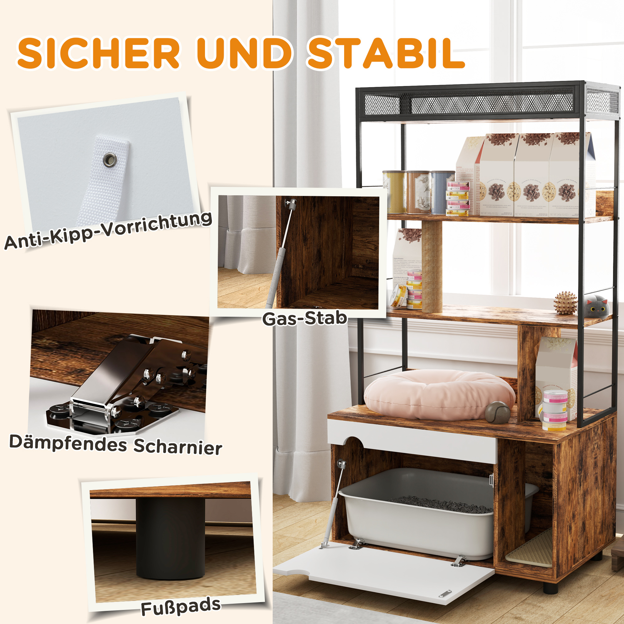 Katzentoilette mit 3-Ebenen-Regal und Kratzpfosten, geschlossenes Katzenklo, 80 x 48 x 152 cm, Braun