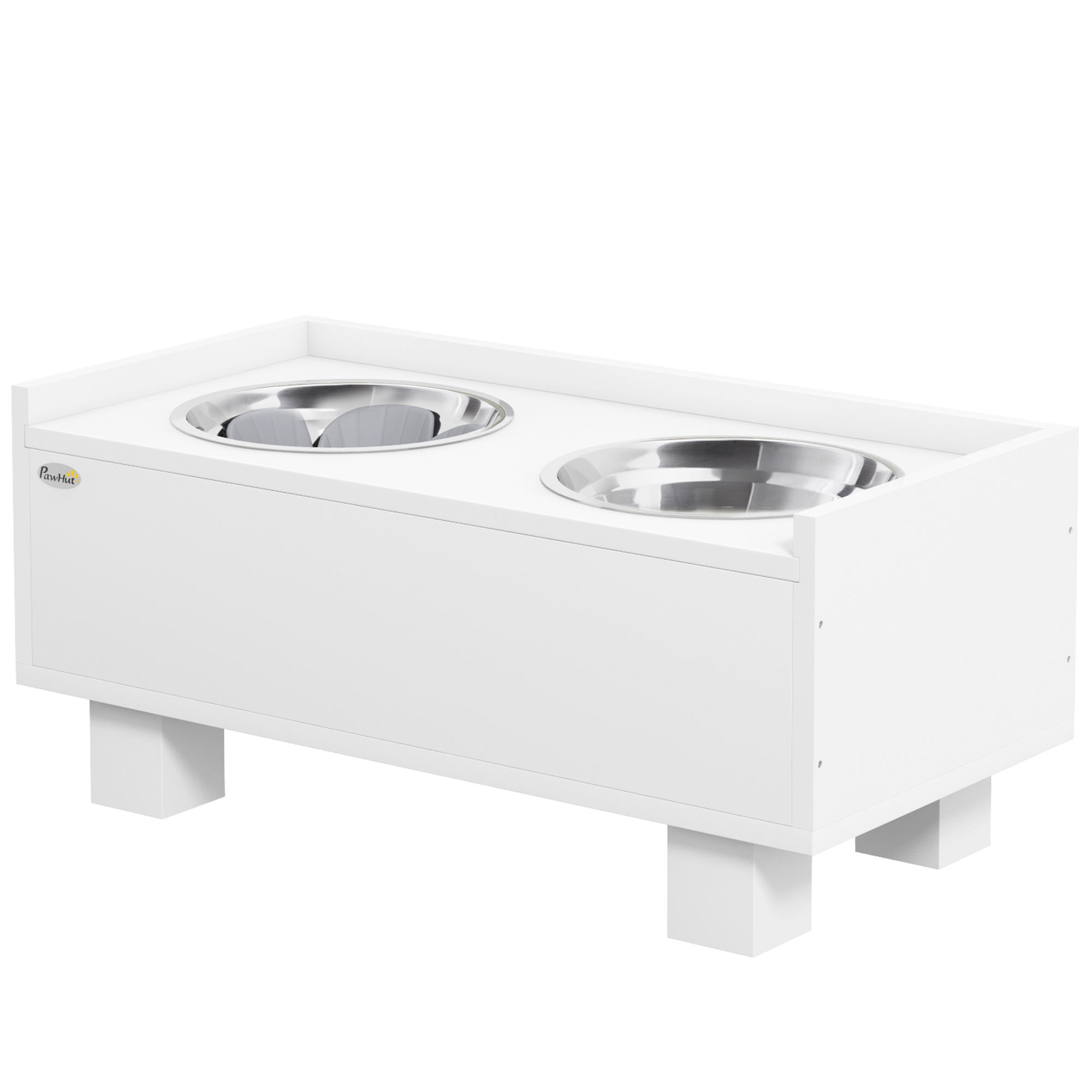 Erhöhte Fütterungsstation für Hunde, mit abnehmbarer Slow-Feeder-Matte, 2 Aluminiumschüsseln, Stauraum, Weiß Erhöhte Fütterungsstation für Hunde, mit abnehmbarer Slow-Feeder-Matte, 2 Aluminiumschüsseln, Stauraum, Weiß