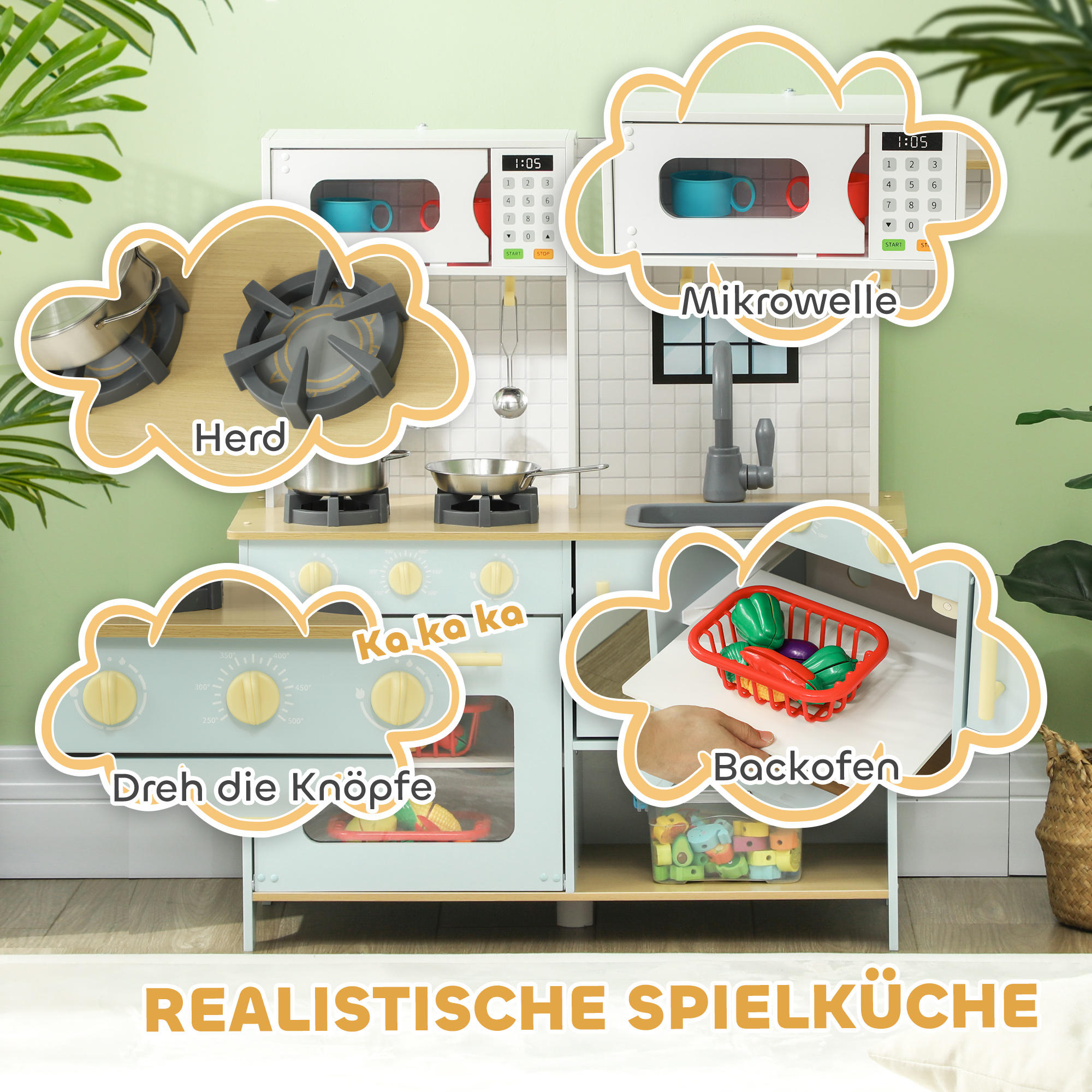 Spielküchen-Set, Kinderküche zum Spielen mit Mikrowelle, Herd und Backofen, Kochutensilien, MDF, Edelstahl, Blau