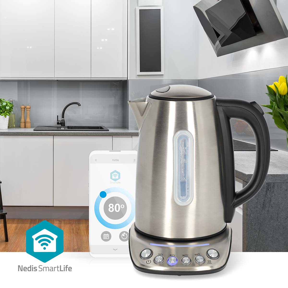 SmartLife Wasserkocher | Wi-Fi | 1.7 l | Edelstahl | 70,80,90,100 °C | Temperaturanzeige | Um 360 Grad drehbar | Verdecktes Heizelement | Strix Controller | Android? / IOS