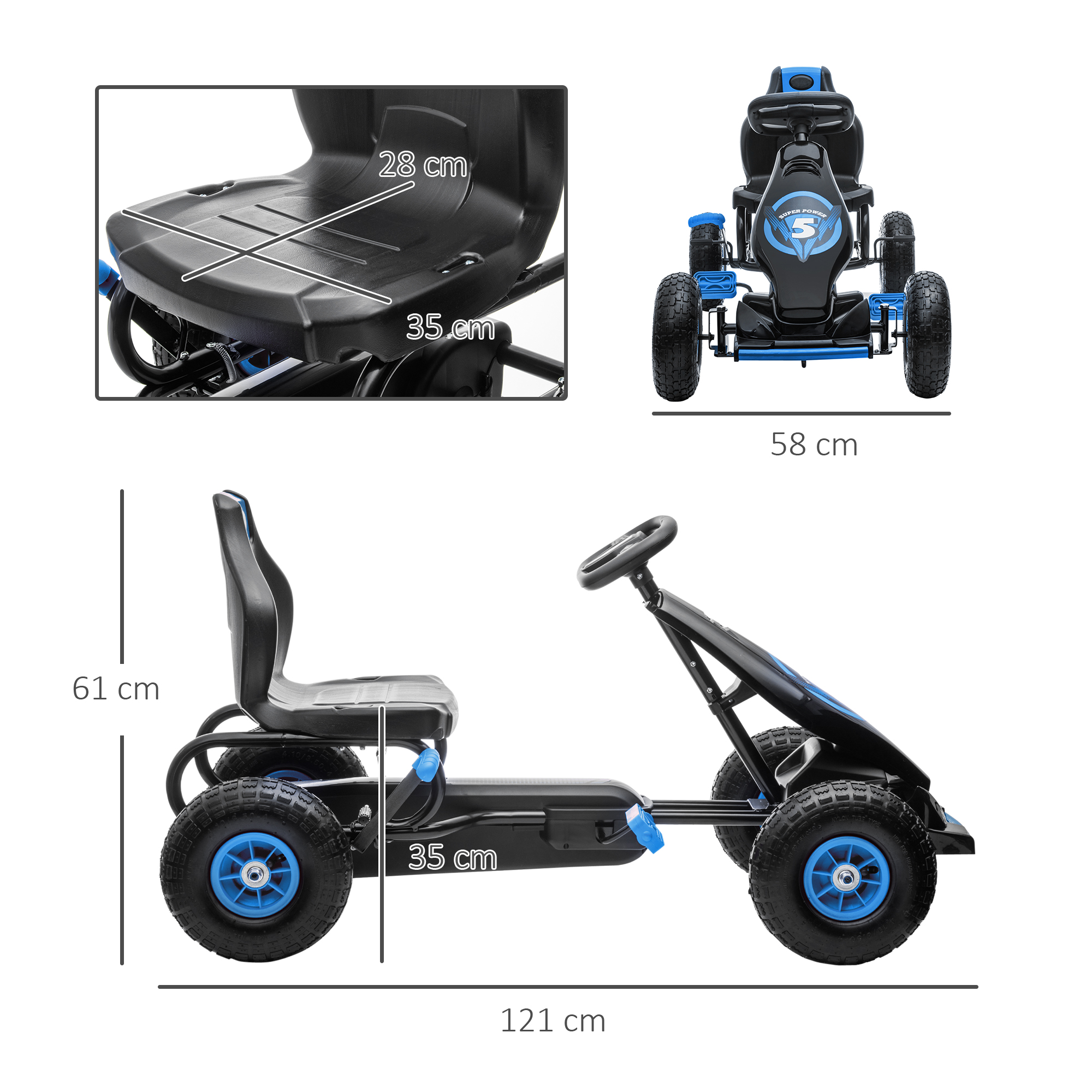 Kinder-Gokart, mit Pedalen, verstellbarem Sitz, In- und Outdoor, ab 5 Jahren, blau+schwarz, 121 x 58 x 61 cm