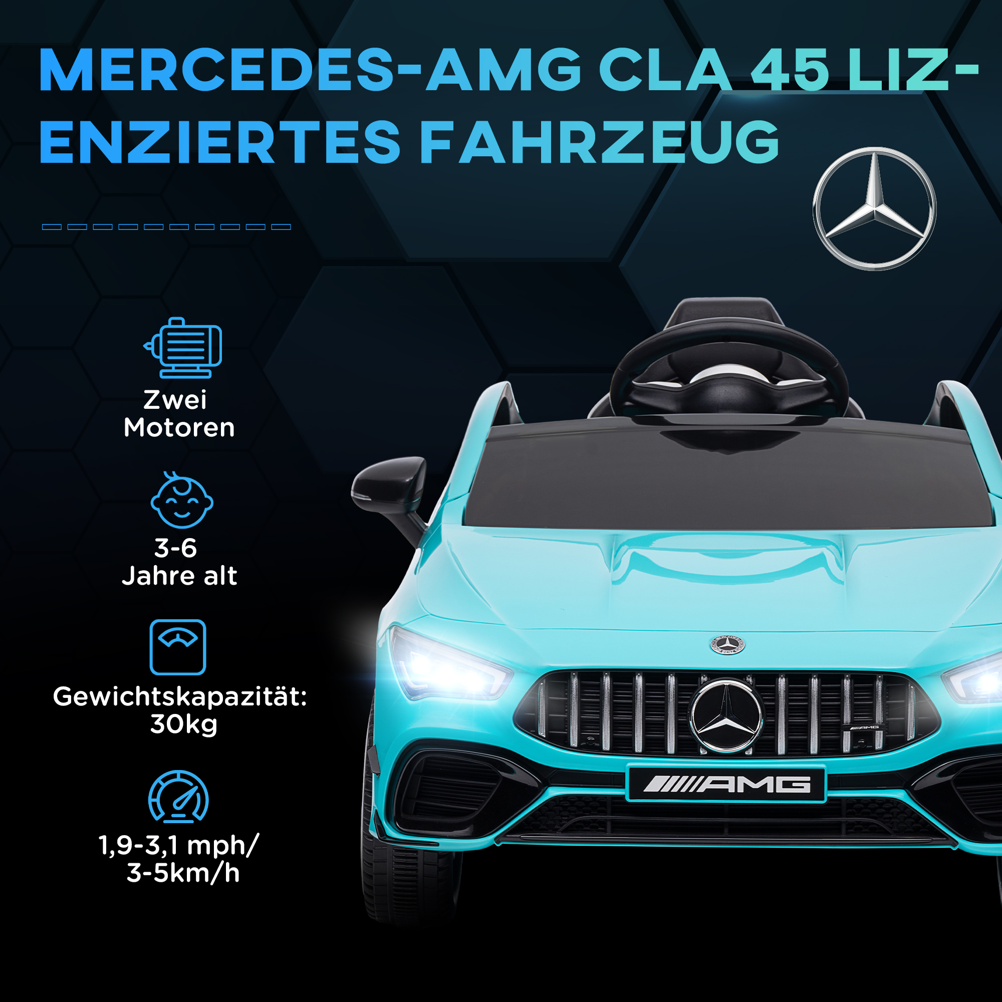 Kinder-Elektroauto, fernsteuerbar, mit Transportrollen, LED-Lichter, Hupe, für Kinder von 3-6 Jahren, Hellblau
