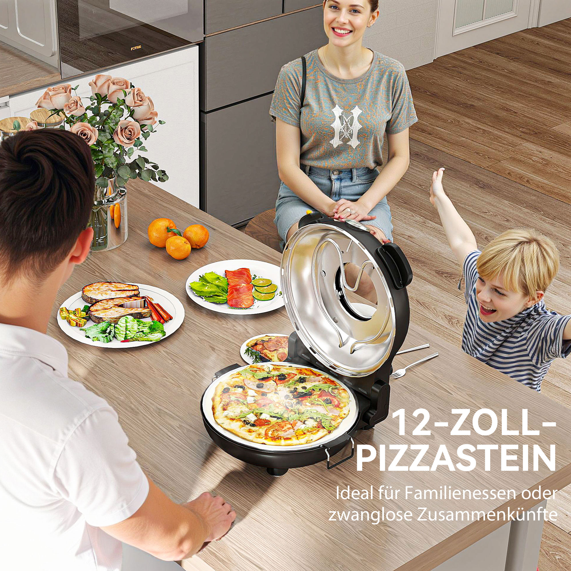 Pizzaofen elektrisch 430 ℃, 1200 Watt Pizzabäcker mit 30cm Steinplatte Timer Sichtfenster Edelstahl Schwarz