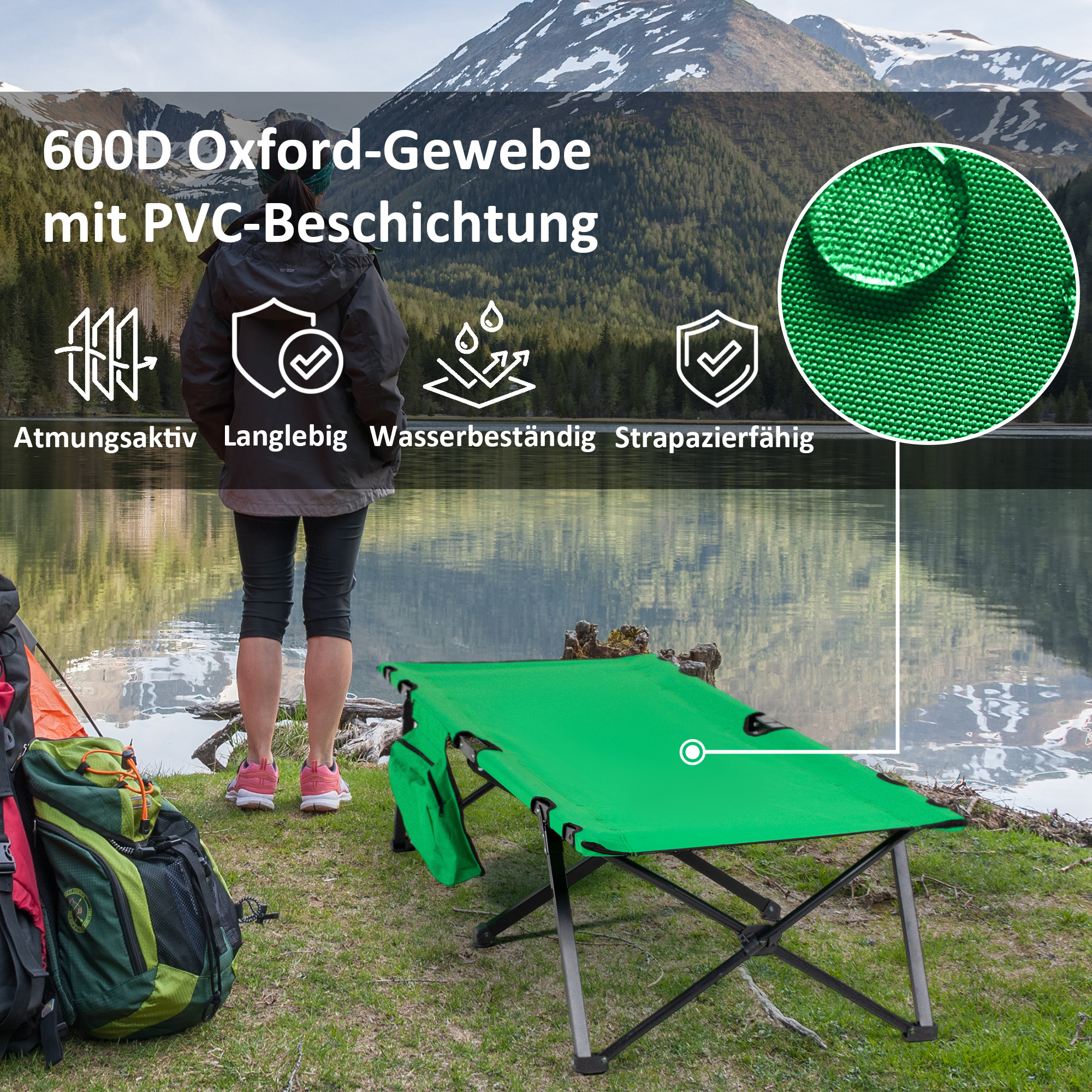 Campingbett Feldbett Klappbett klappbar mit Seitentasche Getränkehalter bis 136 kg belastbar Stahl Oxford Grün+Schwarz 190 x 65 x 40 cm
