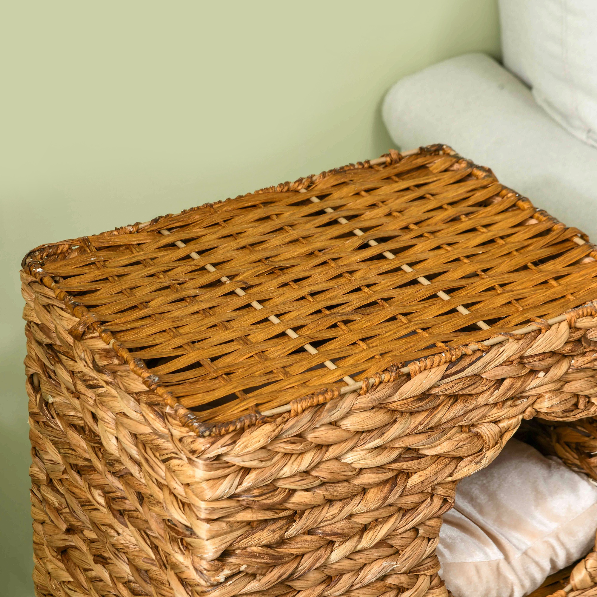 Katzenbaum mit Kratzturm, 3 Etagen, gepolsterte Kissen, Türöffnungen, Wasserhyazinthe, Hellbraun