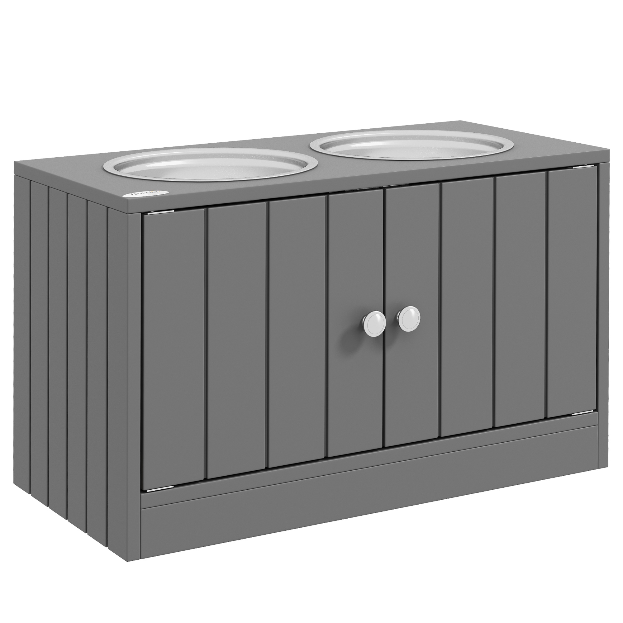 Erhöhte Futterstation mit 2 Edelstahlschüsseln und 44 L Stauraum, Magnettüren, für große Hunde, Grau Erhöhte Futterstation mit 2 Edelstahlschüsseln und 44 L Stauraum, Magnettüren, für große Hunde, Grau