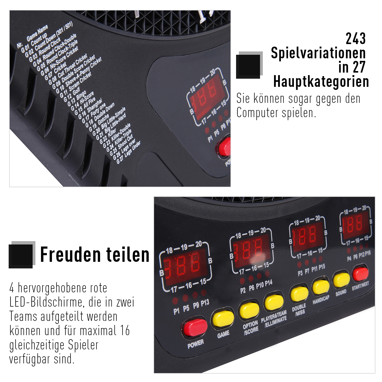 Elektronische Dartscheibe Dartboard Dart-set mit LED Anzeige mit automatischer Wertung Soundeffekte 6 Darts 24 Dartköpfe 27 Spiele und 243 Trefferoptionen für 16 Spieler 44 x 51,5 x 3,2 cm