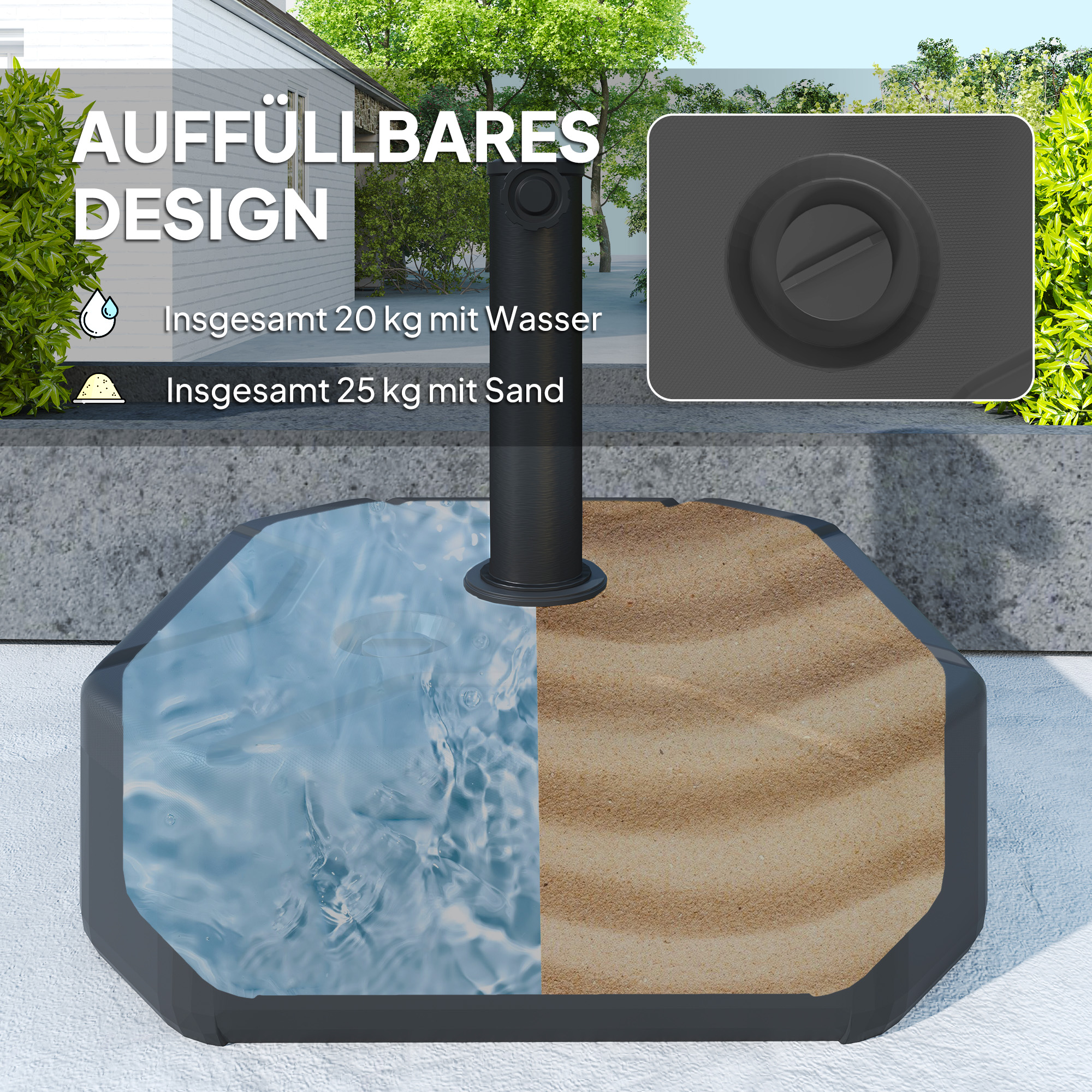 Sonnenschirmständer bis 25 kg befüllbar Schirmständer, Quadratisch Schirmhalter Ständer für Sonnenschirm 38/48mm