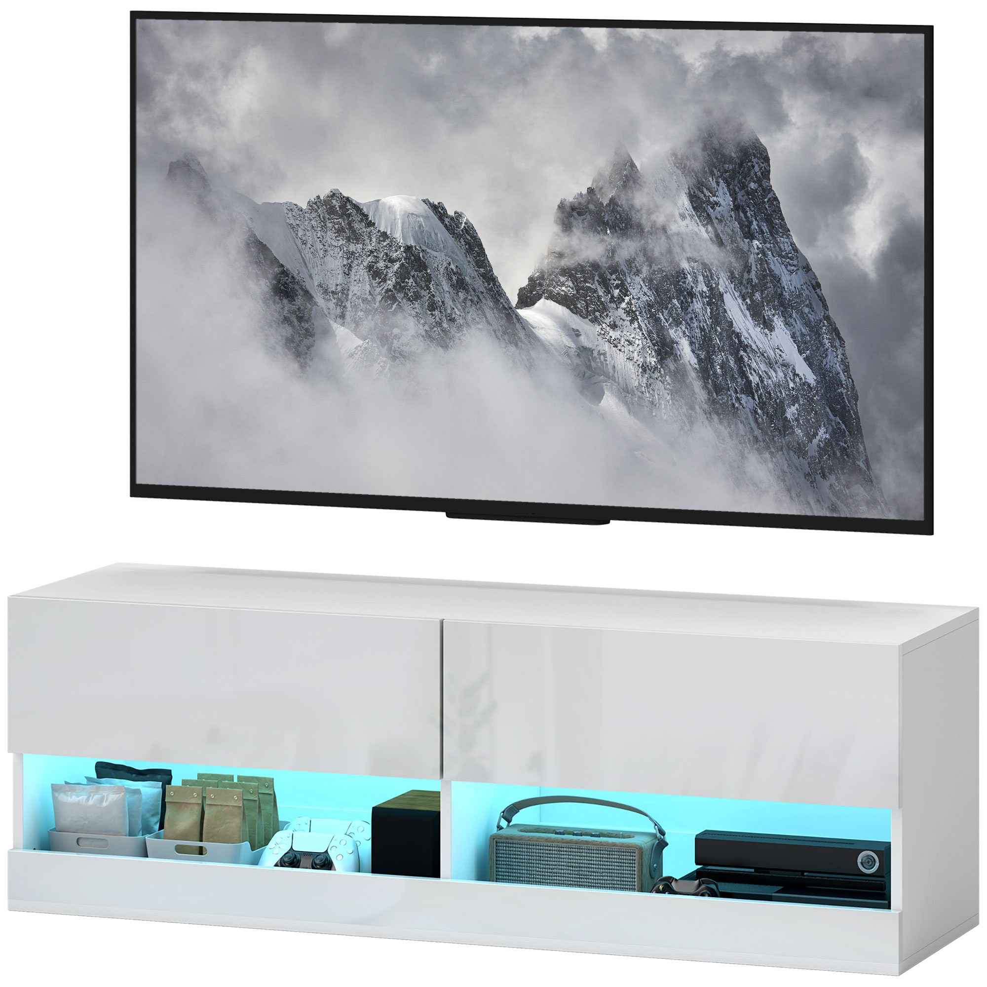 TV-Hängeschrank mit LED-Beleuchtung, 16 Blinkmodi, Wandmontierter TV-Schrank, Offene Regale, 120 x 35 x 40,5 cm, Weiß TV-Hängeschrank mit LED-Beleuchtung, 16 Blinkmodi, Wandmontierter TV-Schrank, Offene Regale, 120 x 35 x 40,5 cm, Weiß