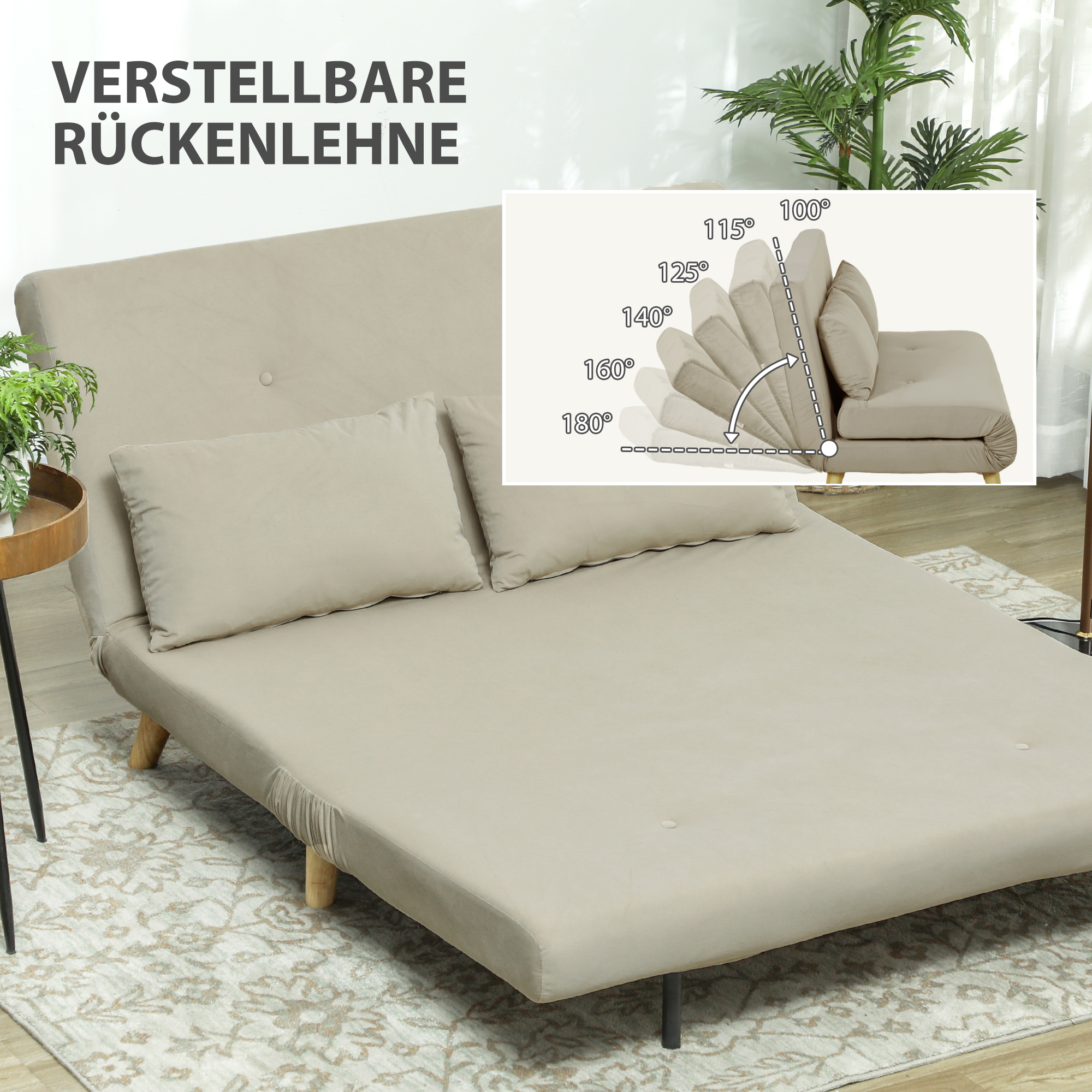 Schlafsofa Relaxsofa Sofa Couch, inkl, 2 Kissen, Samtoptik, 130 x 78 x 79 cm, Beige