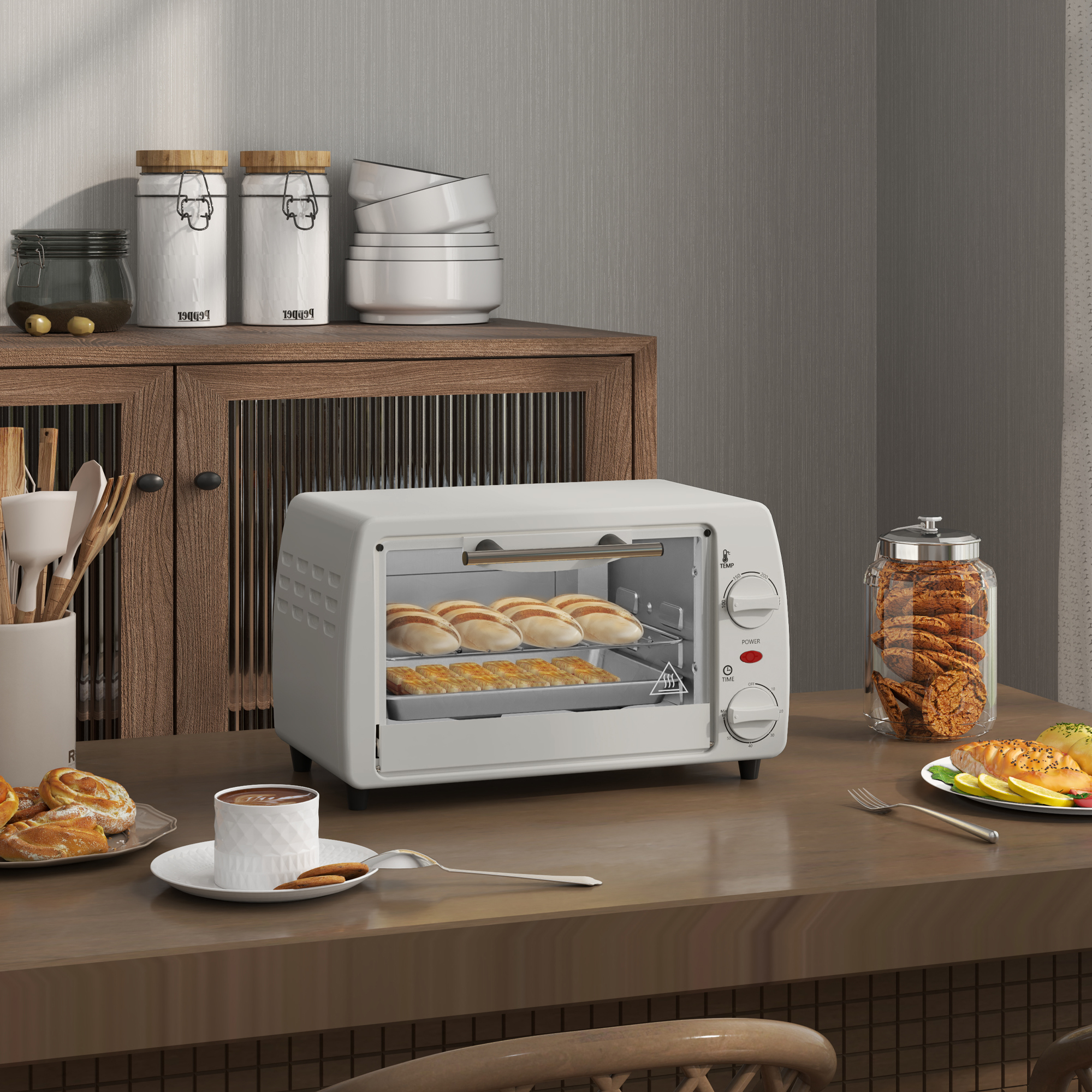 Mini-Ofen Toasterofen, 1 Backblech, 1 Grilrost, 10 L Kapazität, Timer-Funktion, 36,5 cm x 26 cm x 22 cm, Cremeweiß