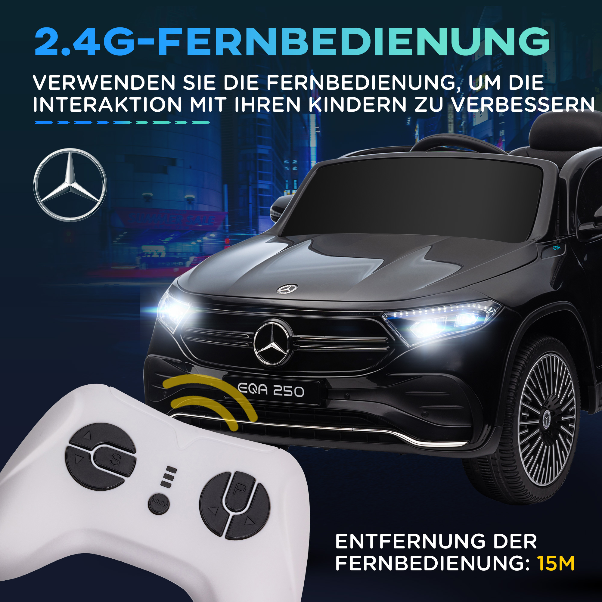 Elektro Kinderauto, lizenzierter Mercedes-Benz EQA, 3-8 km/h, Musik, Scheinwerfer, Hupe, Fernsteuerung, schwarz