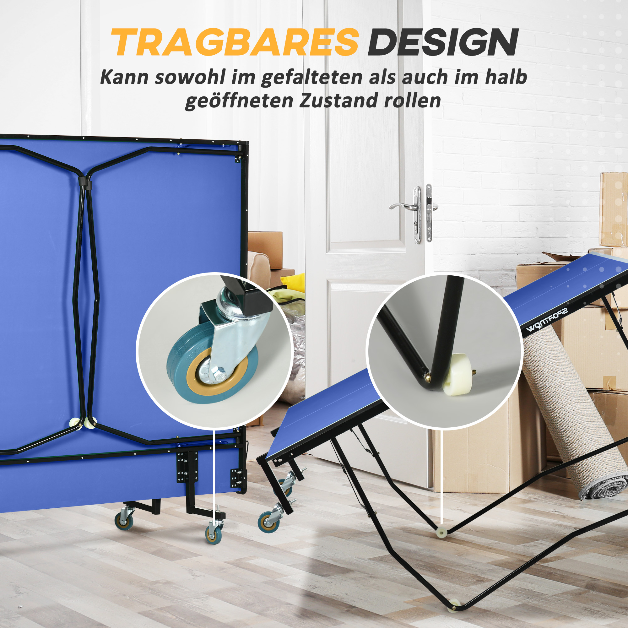 Tischtennisplatte, klappbar, 8 Räder, pulverbeschichteter Stahlrahmen, MDF, 274 x 152,5 x 76 cm, Blau