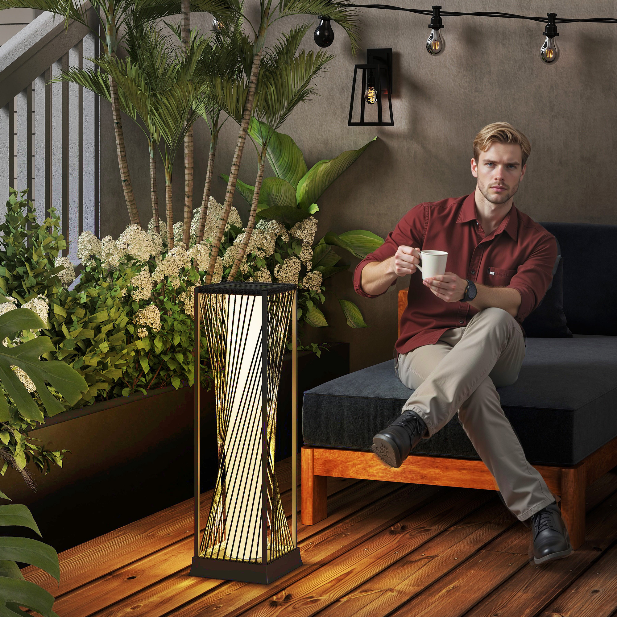 Solar Stehlampe Rattan mit Lichtsensor 25 LED Solarlampen im Boho-Stil IP44 Spritzwassergeschützt Schwarz+Grau