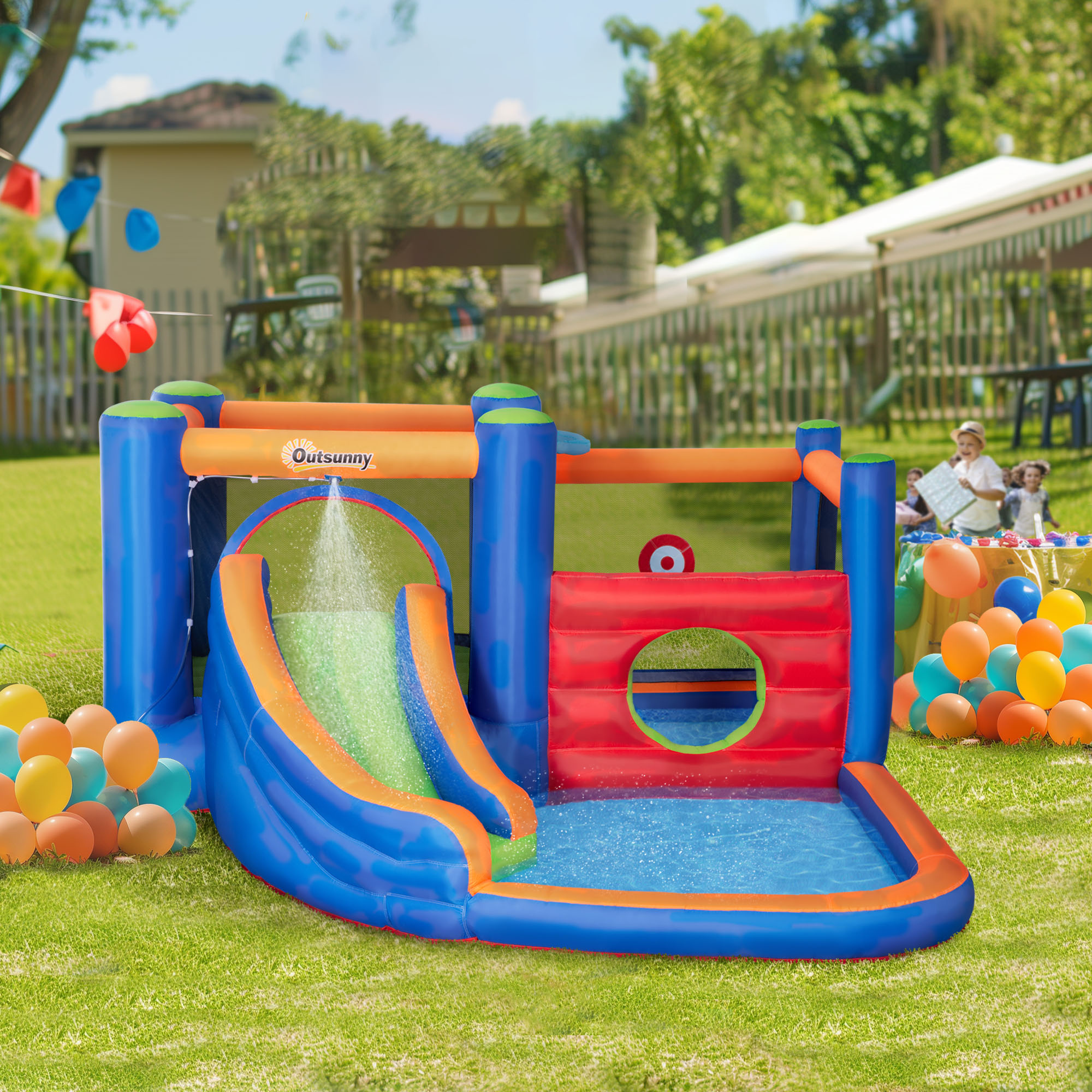 Hüpfburg, mit Rusche, Hüpfbereich, Pool, aufblasbar, inkl. Elektropumpe, für bis 3 Kinder, 380 x 340 x 170 cm