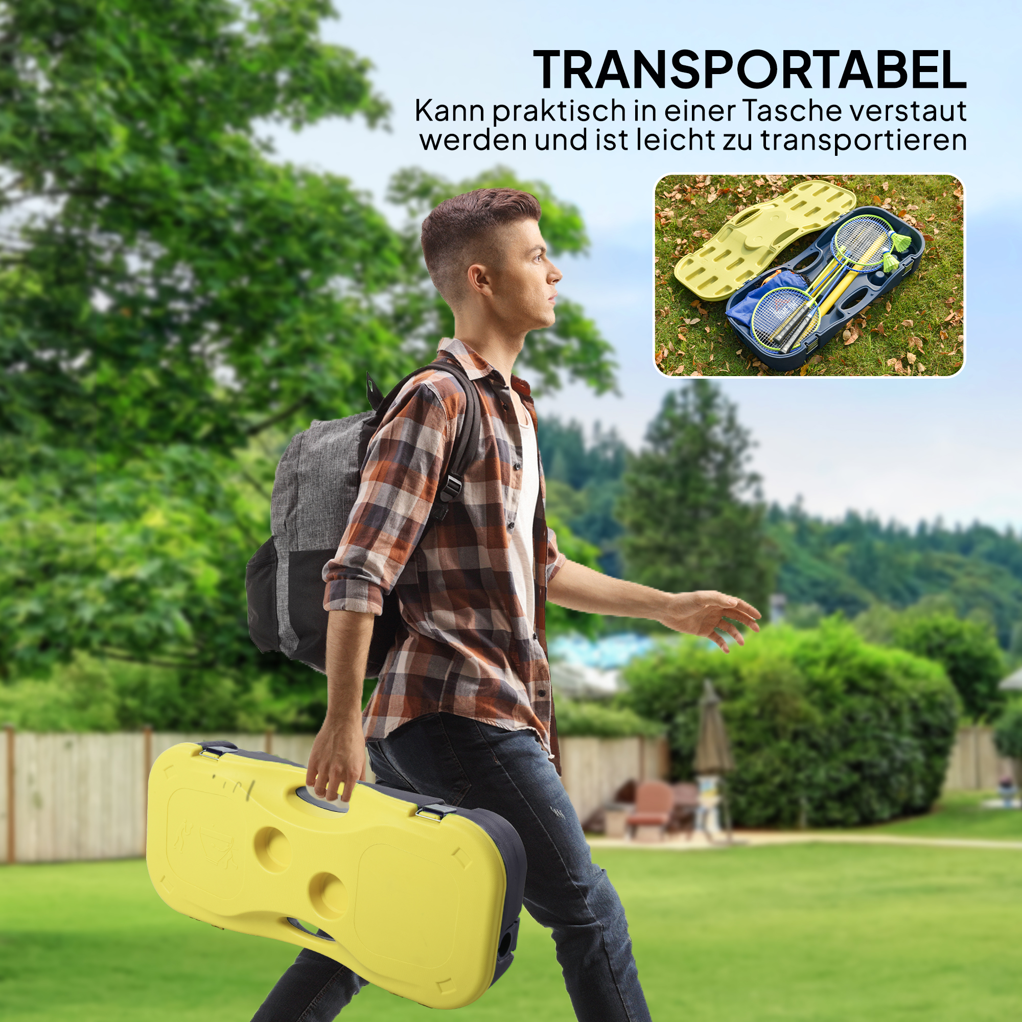 Badminton Netz mit Stand, Badminton-Netzständer, tragbarer Netzständer, Badmintonnetz mit 4 Badminton-Schlägern, Outdoor-Sport, Gelb+Blau, 286 x 33 x 157 cm