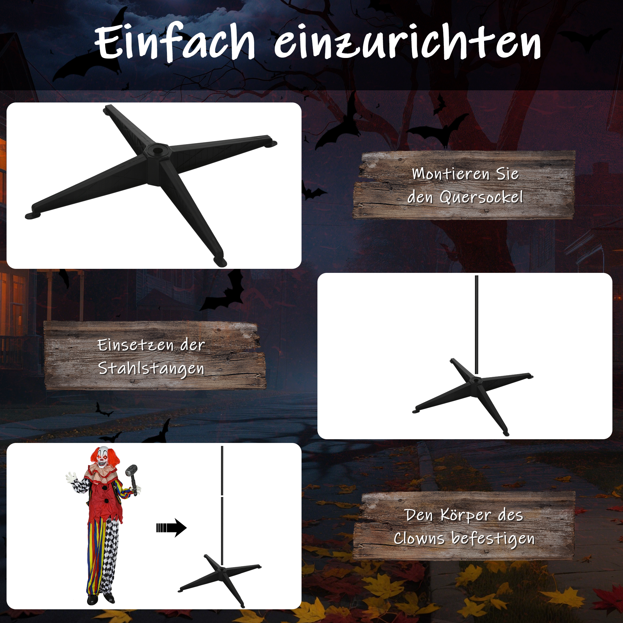 Grusel-Clown, Halloween-Animatronik, 173 cm, leuchtende Augen, Geräusch-Aktivierung, bewegliche Arme und Kopf, Batteriebetrieb, Kunststoff, Metall, Rot