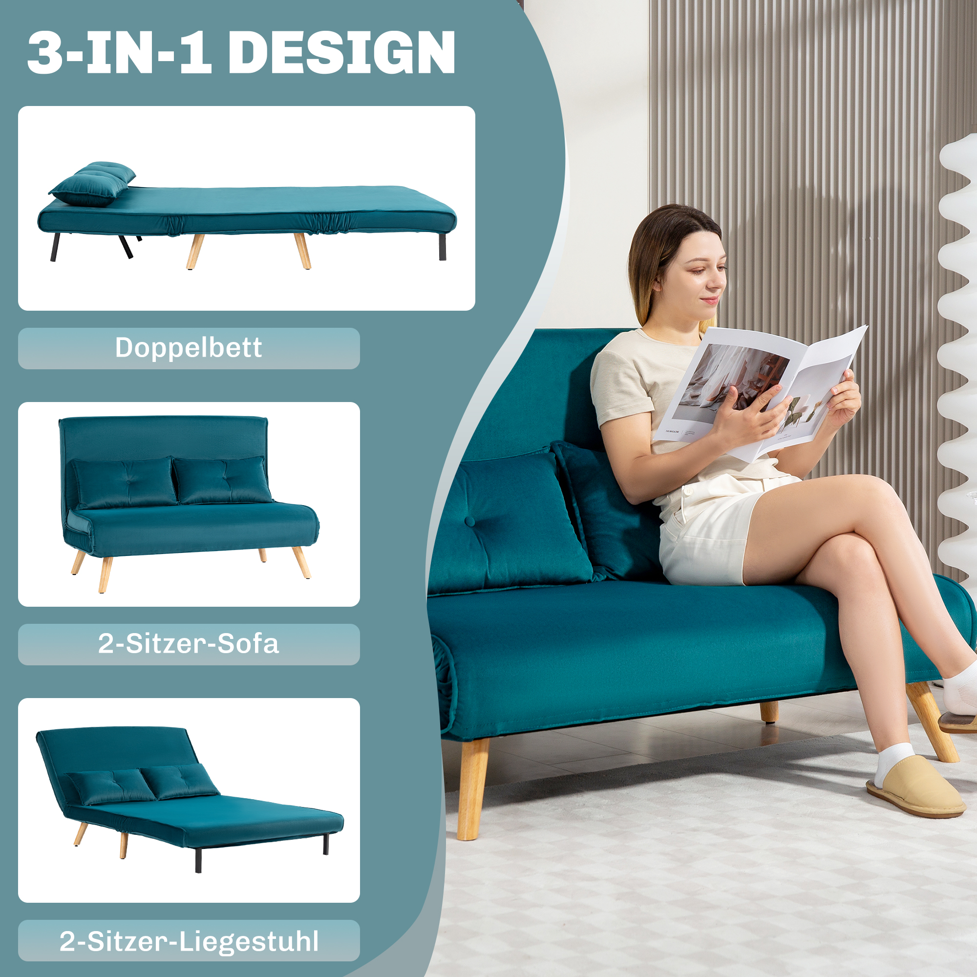 2-Sitzer-Schlafsofa, Bettsofa, in Bett umwandelbare Couch, verstellbare Rückenlehne, Stoffbezug, Metallrahmen, Grün