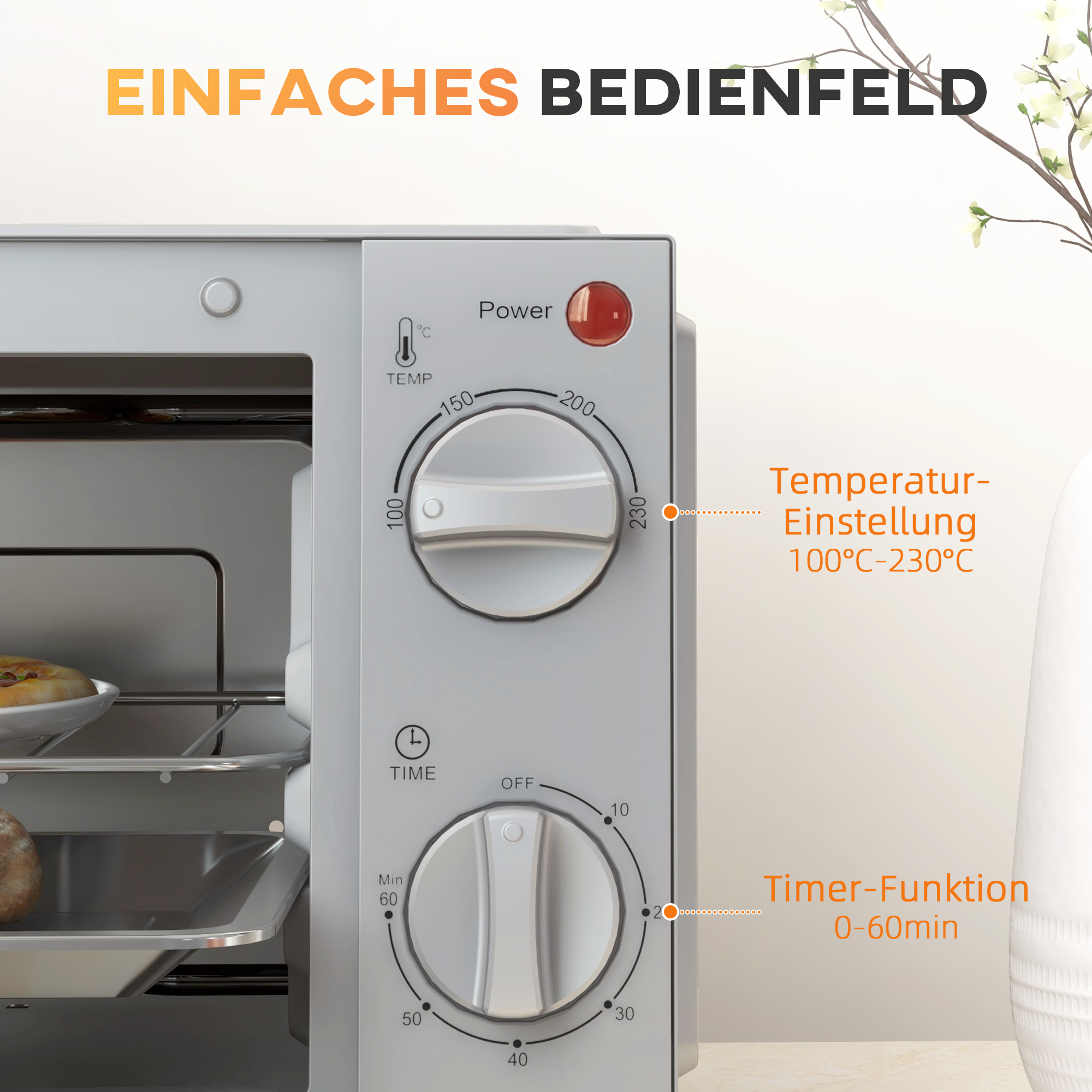 Minibackofen, 9 L Mini-Ofen mit Backblech, Grillrost, mit einstellbarer Temperatur und Garzeit, Edelstahl, Silber
