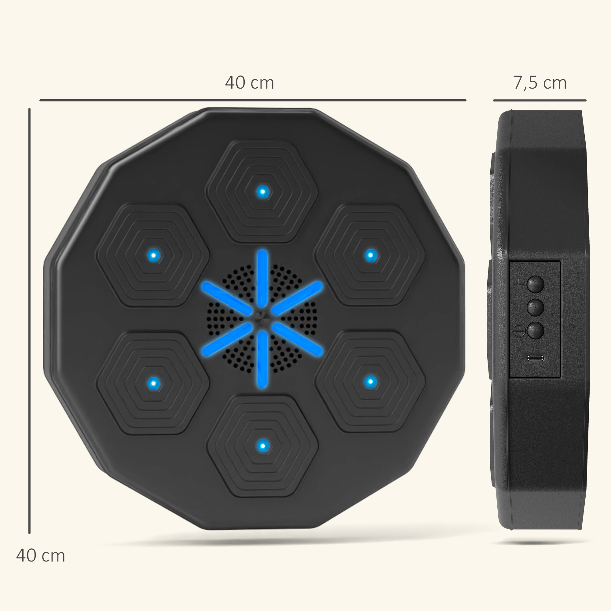 Boxtrainer mit Musikfunktion, Bluetooth, leuchtende Punkte, Wandaufhängung, Kunstleder, Schwarz