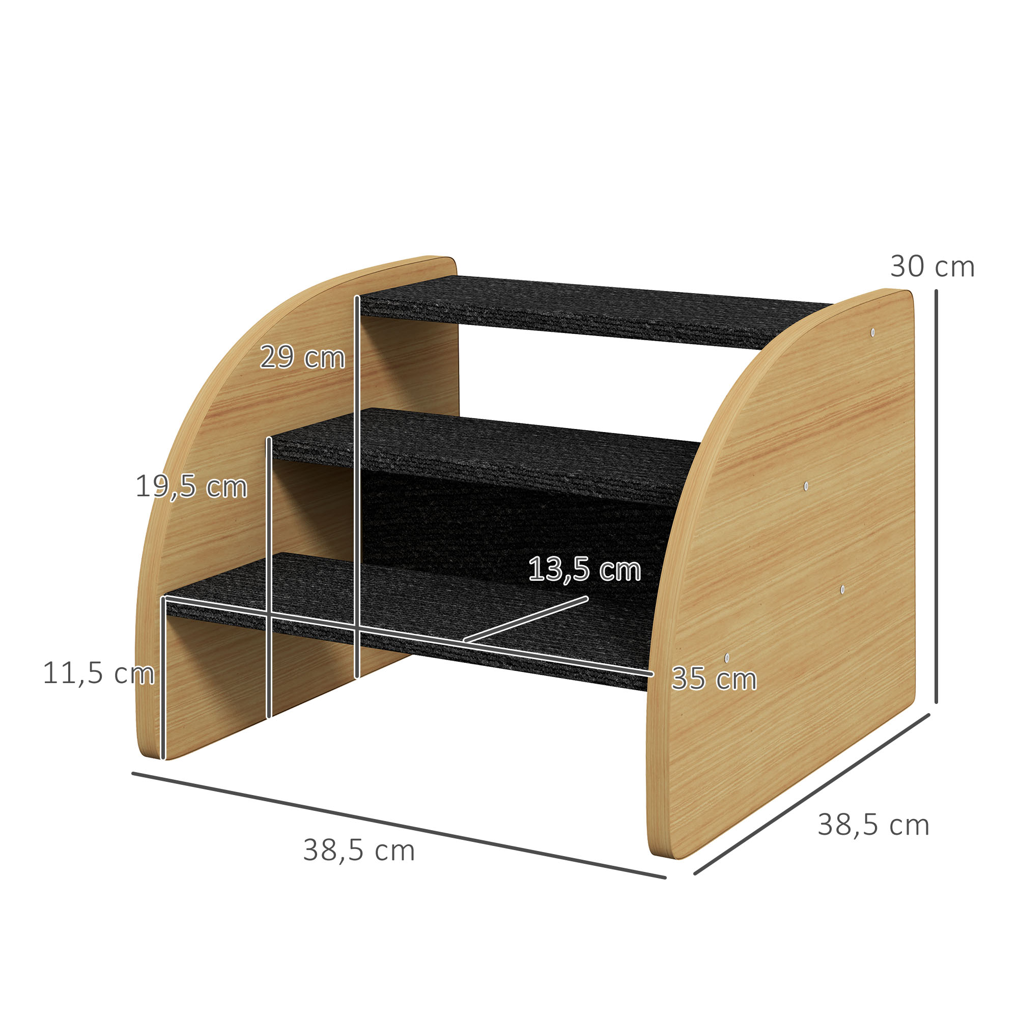 Haustiertreppe Hundetreppe, 3 Stufen, kleiner Hund, 38,5 cm x 38,5 cm x 30 cm, Eiche + Schwarz