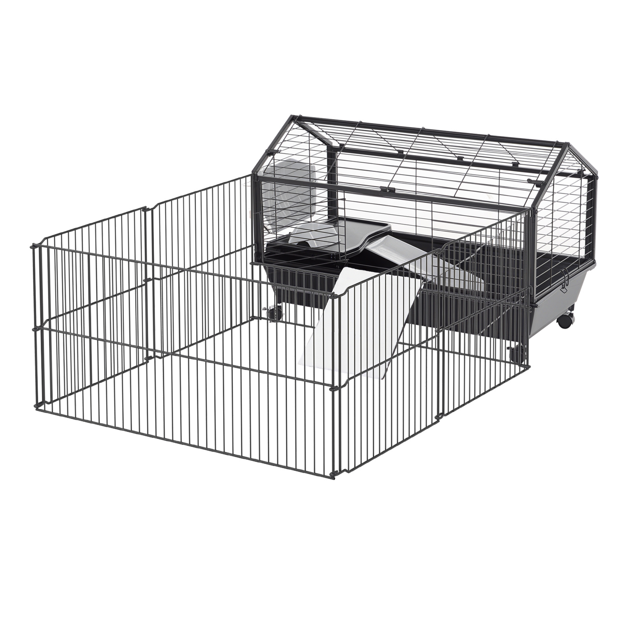 Kleintierkäfig mit Freigehege inkl, Zubehör 88 cm x 128,5 cm x 56 cm 4 Rollen Schwarz Metall Polypropylen Kleintierkäfig mit Freigehege inkl, Zubehör 88 cm x 128,5 cm x 56 cm 4 Rollen Schwarz Metall Polypropylen