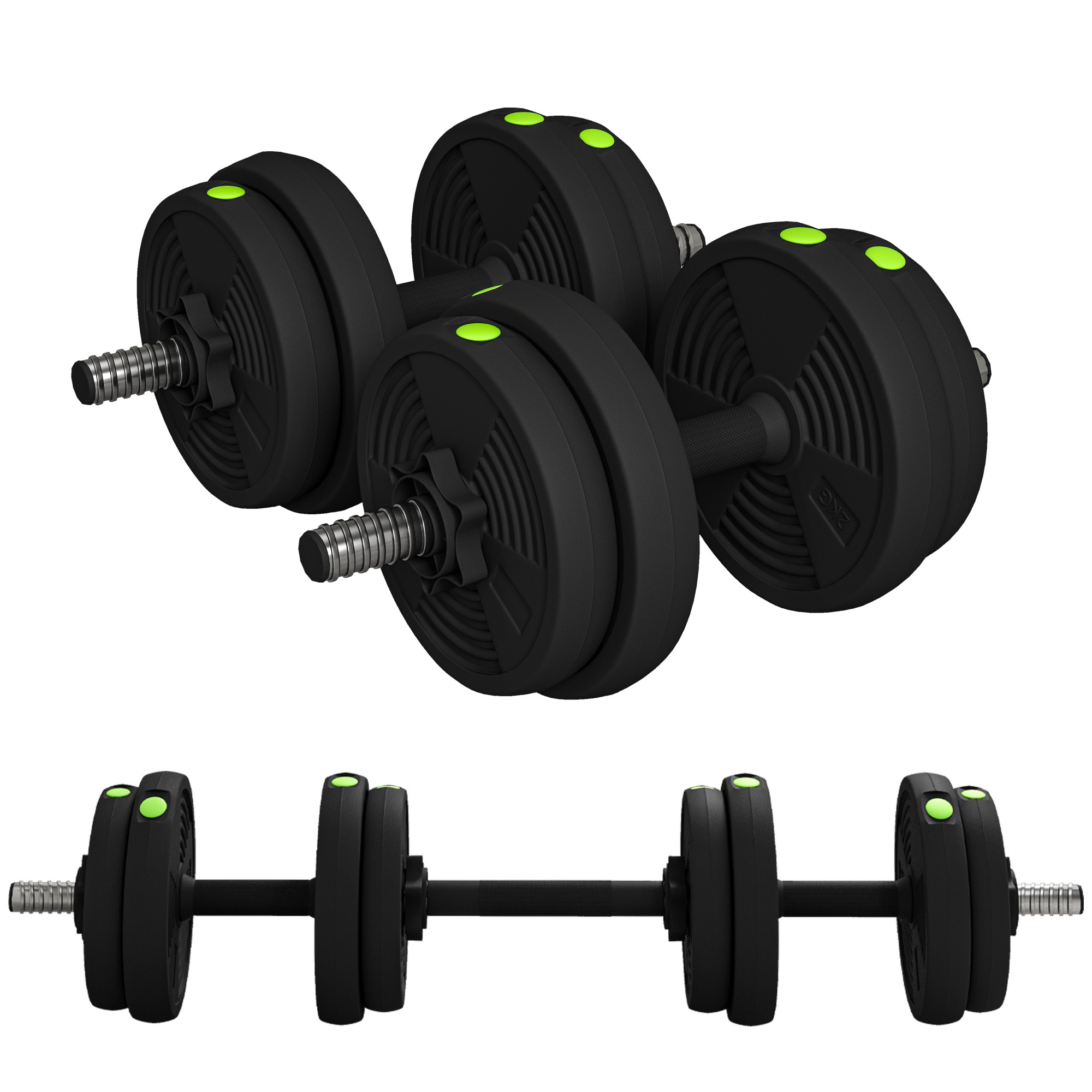 2-in-1 Hantel-Set, Lang- & Kurzhantel, 15 kg, rutschfest, bodenschonend, Schwarz/Grün