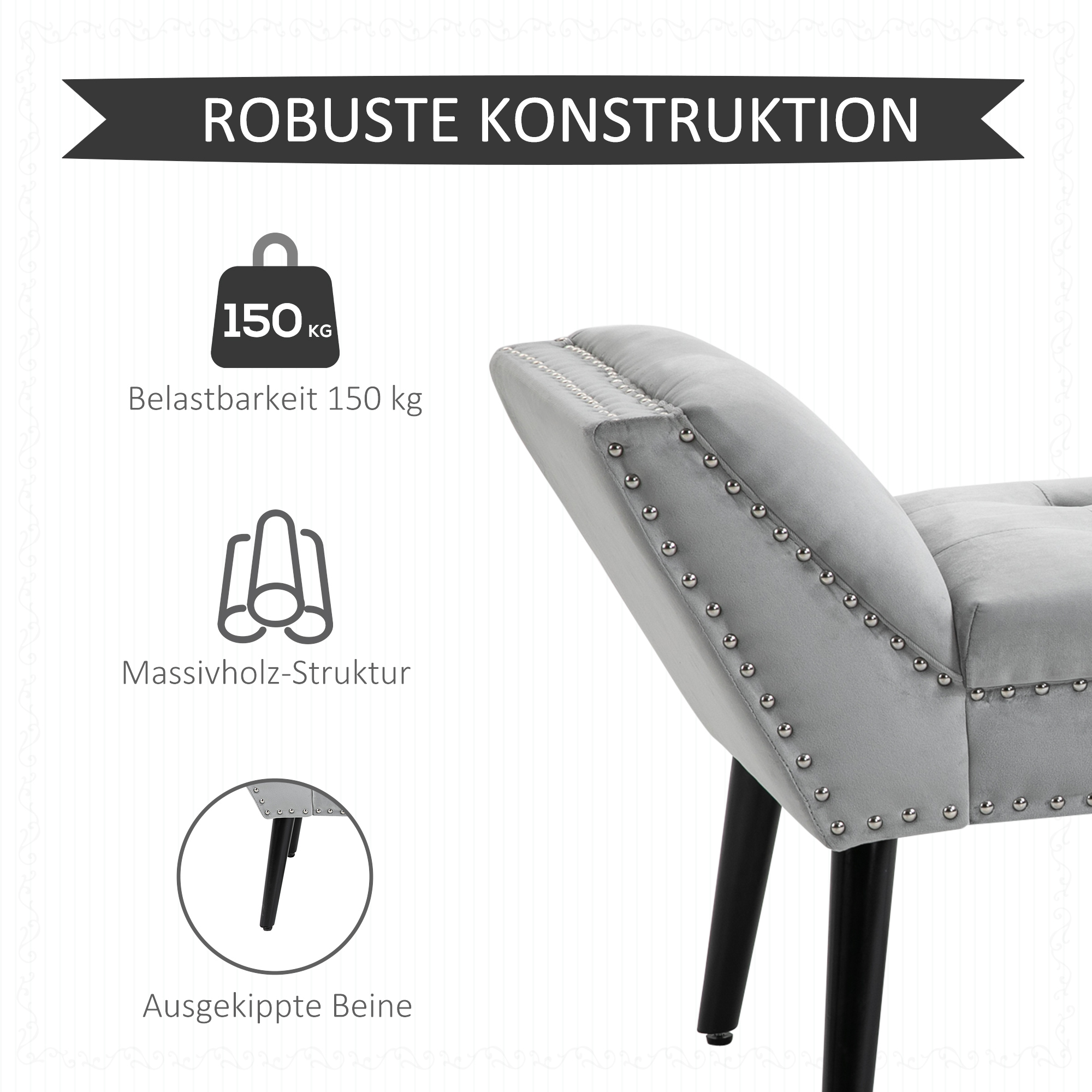 Polsterbank Sitzbank Klavierbank Pianobank mit Samtoptik Bettbank für Schlafzimmer Wohnzimmer, Flur, Gummiholz Hellgrau 114 x 46 x 56 cm