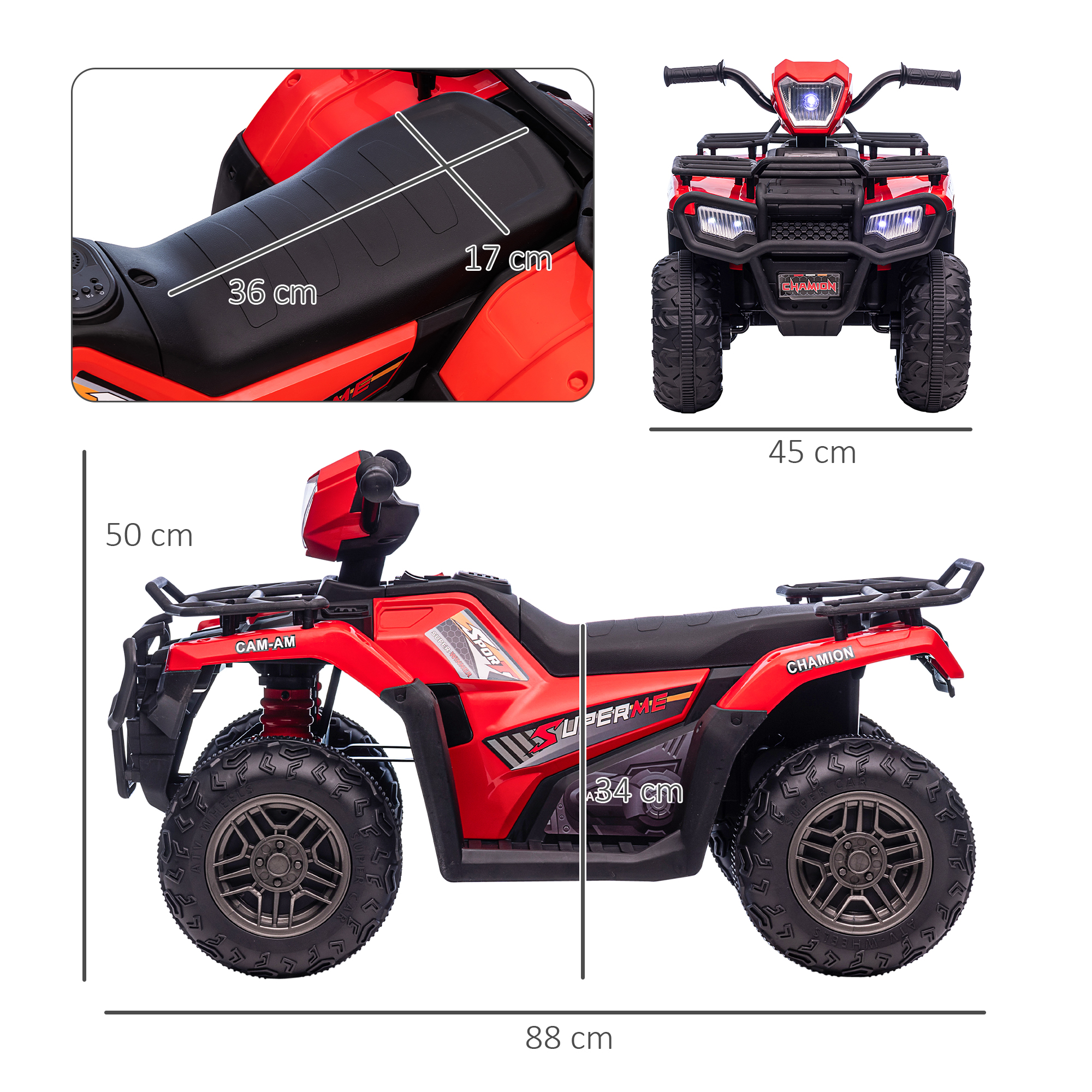 Kinderquad, max, 4 km/h, ab 3 Jahren, LED-Scheinwerfer, Musikanschluss, schwarz+rot 88 x 45 x 50 cm
