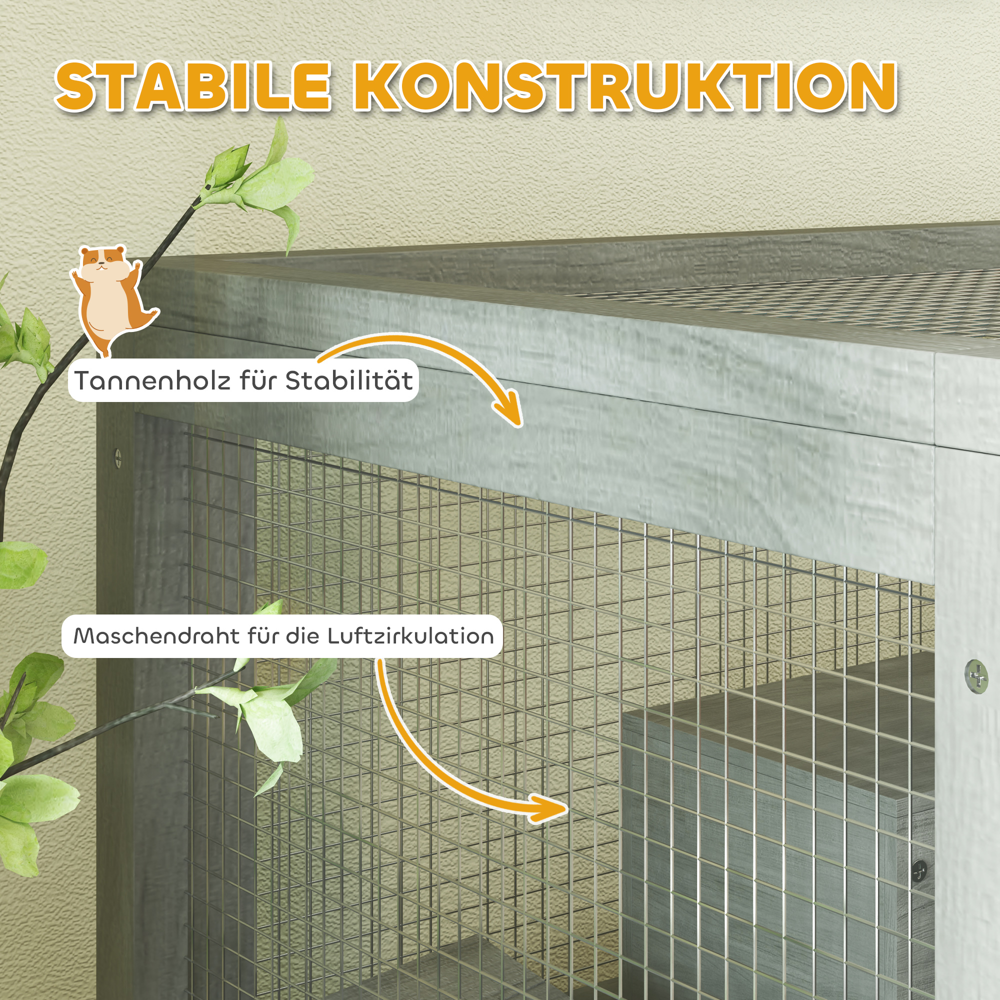 4-stufiger Hamsterkäfig aus Holz, mit Hütten, Wippe, Futterschalen, Rampen, Rollen, 65 x 45 x 109 cm, Grau