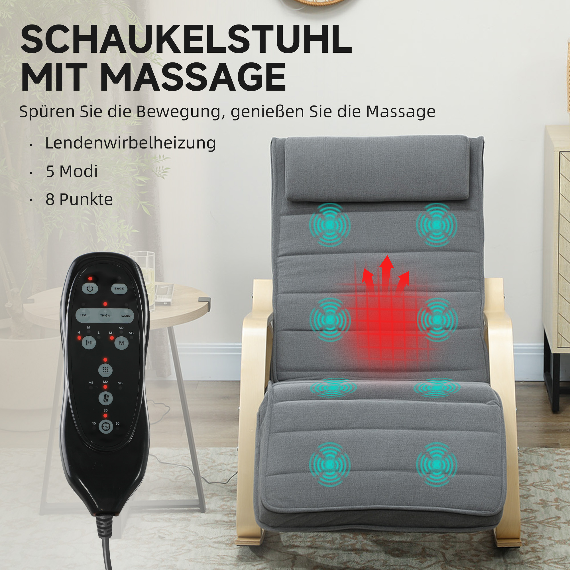 Schaukelstuhl mit Massage-Funktion, Lendenheizung, 3 Modi, Stoffbezug, Grau