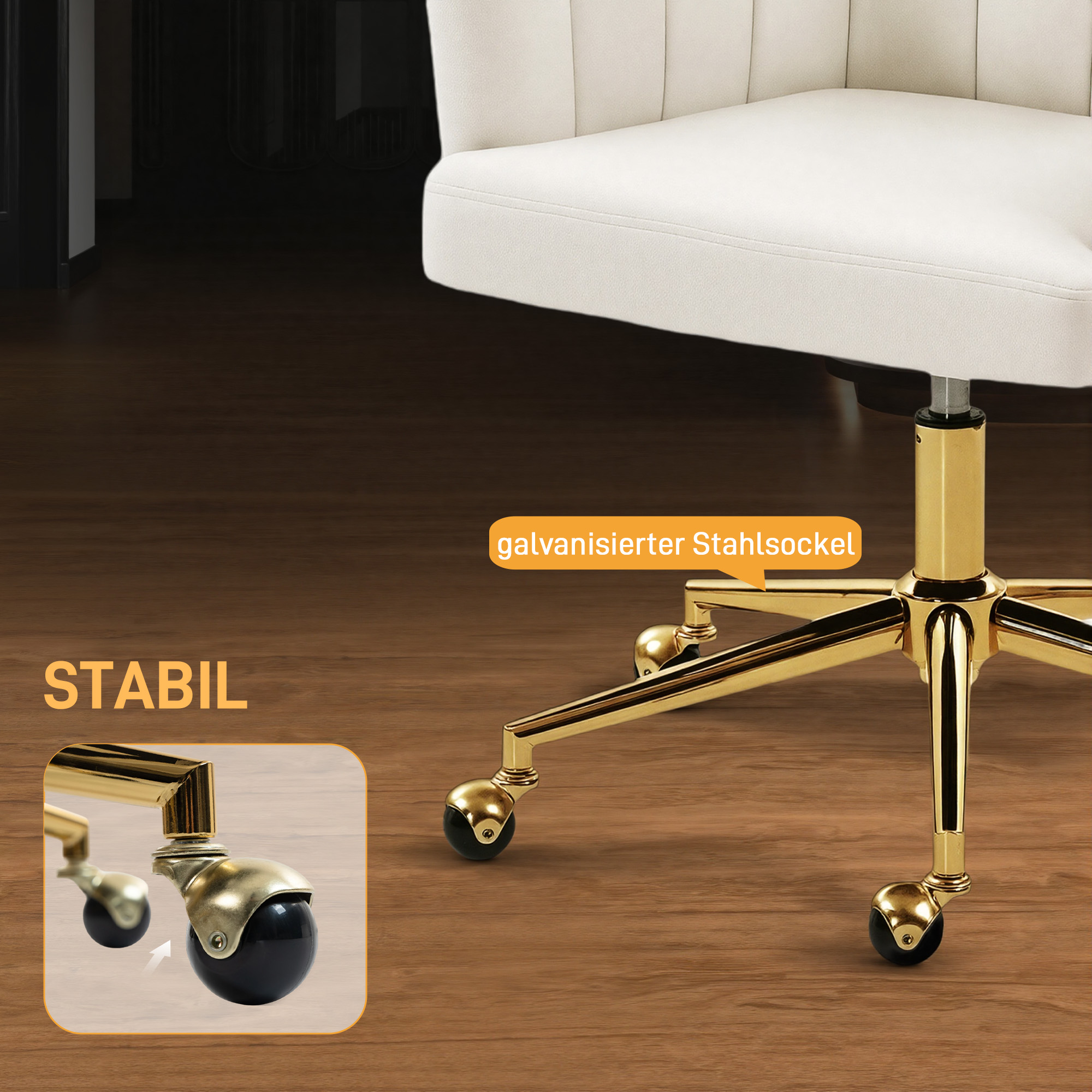 Bürostuhl in Samtoptik, Schaumstofffüllung, höhenverstellbar, rollbar, Stahlbasis, Cremeweiß