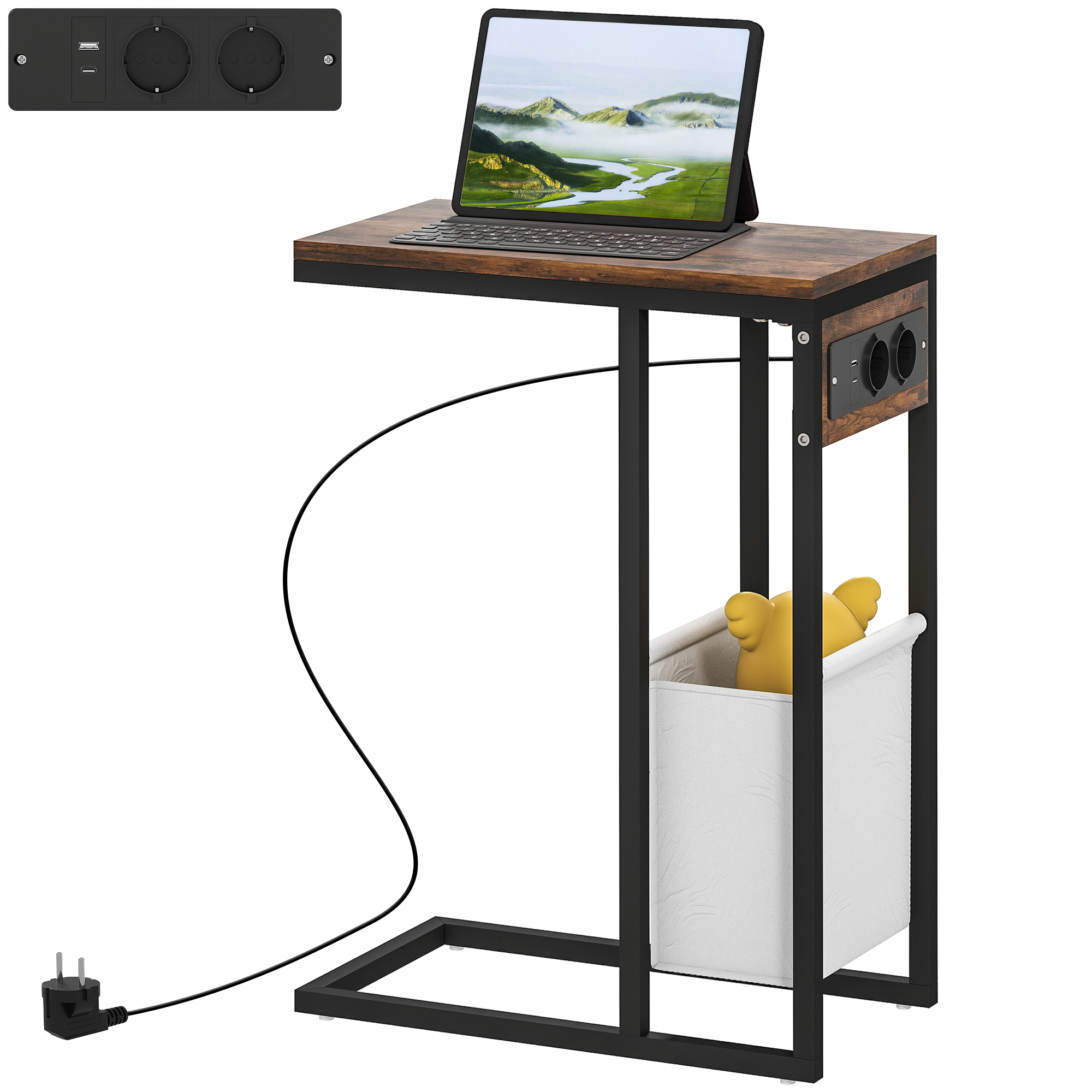 Beistelltisch mit Steckdosen, USB-Anschlüssen, Kabel, C-förmiges Design